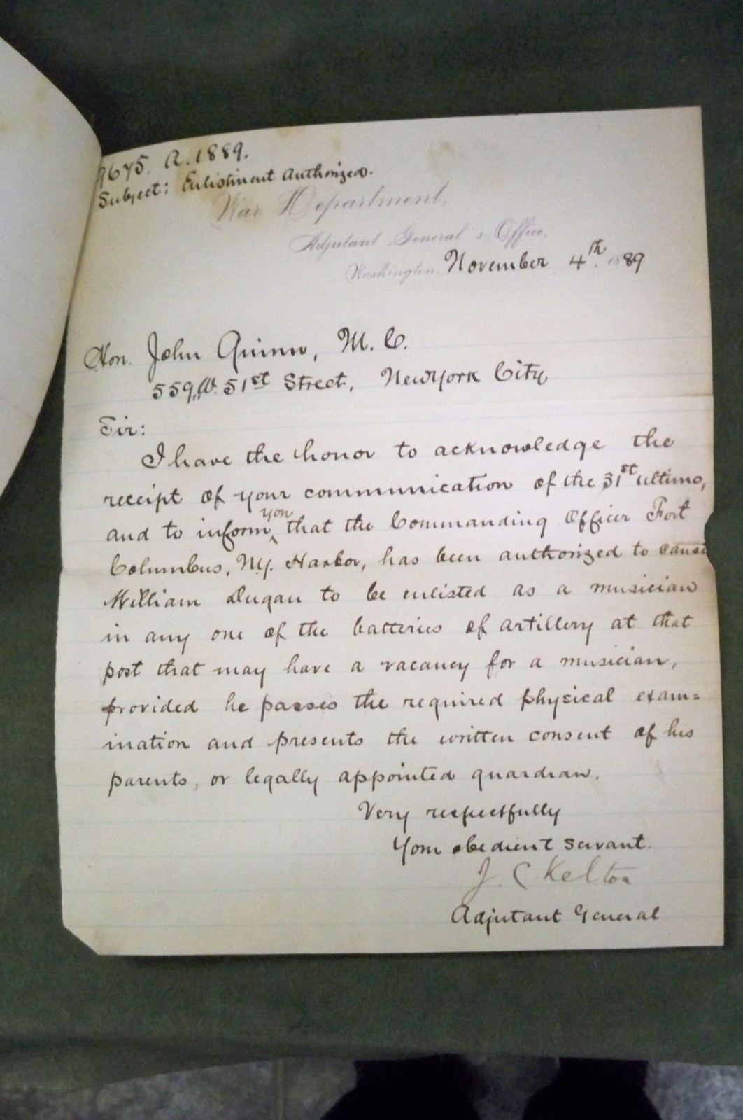 1889 Hon. John Quinn 2 Hand Written Letters War Dept. J.C. Kelton Adjutant Gen. 