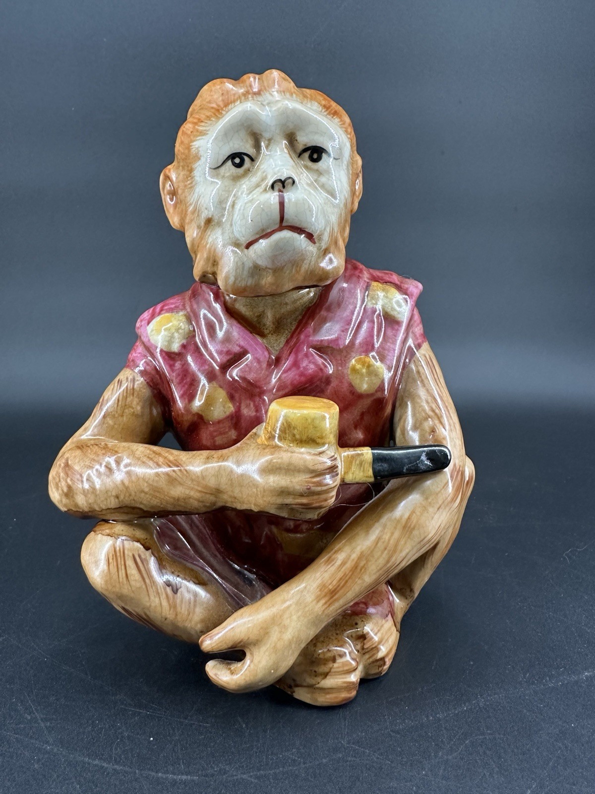 Vintage Kitschy Quirky Ceramic Hand Painted Folk Art Sitting Monkey Home Decor