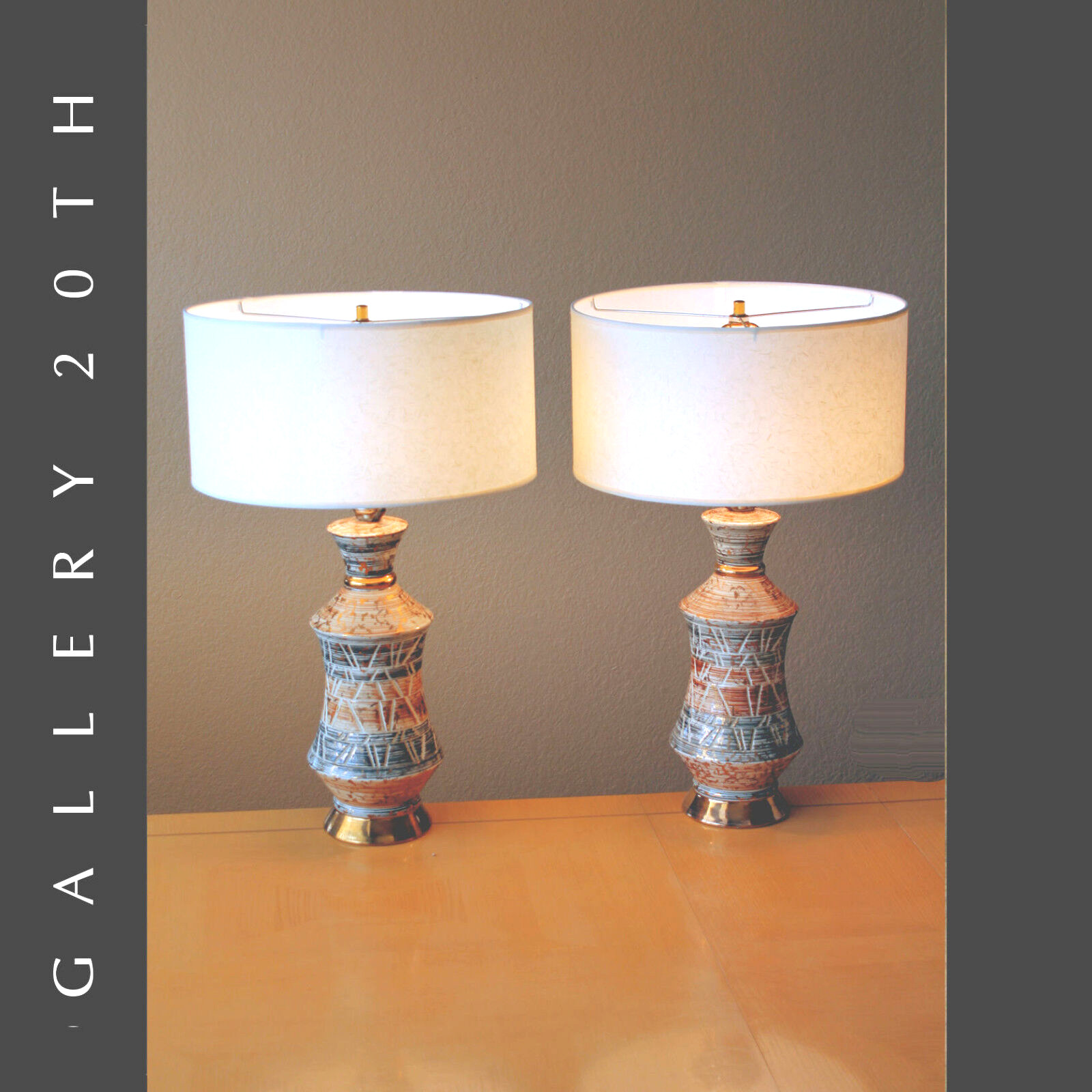 VINTAGE PAIR MID CENTURY ATOMIC TABLE LAMPS PORCELAIN 50\'S MCM GOLD MODERN ART