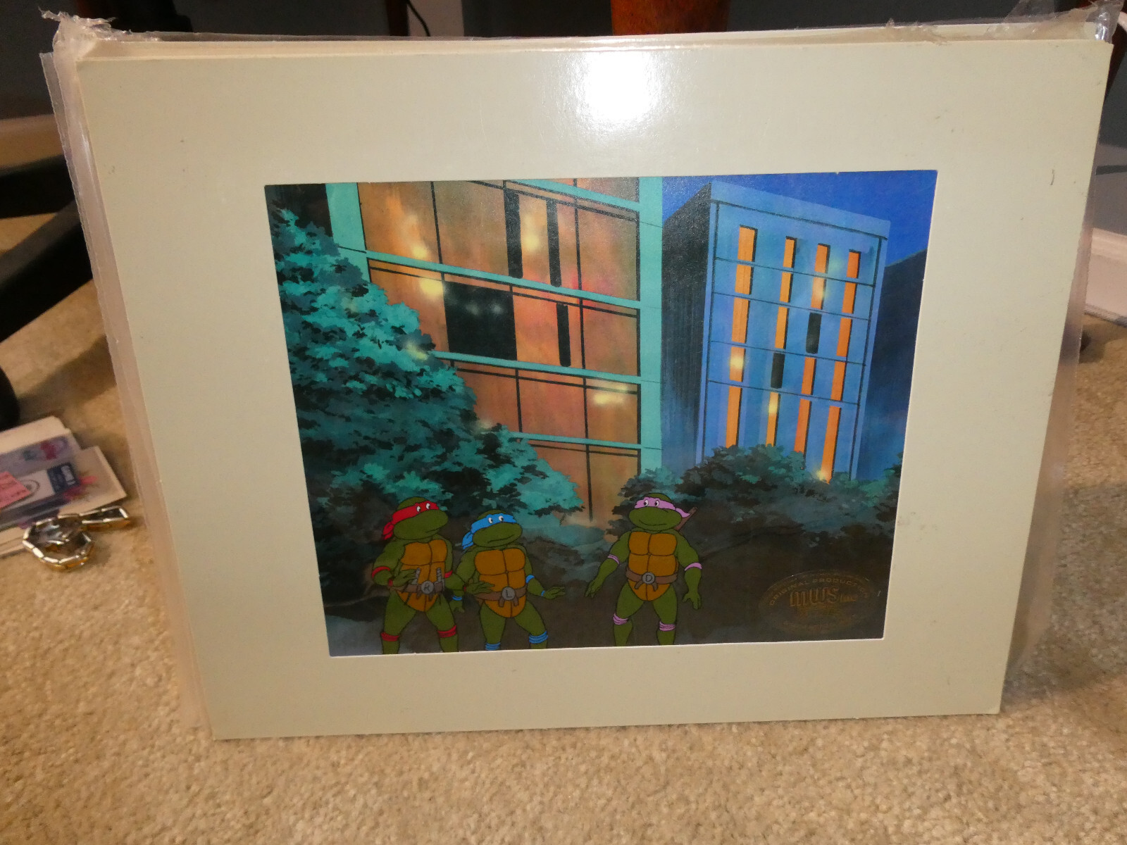 TMNT Original Production Animation Cel Matted Featuring Three Turtles #2
