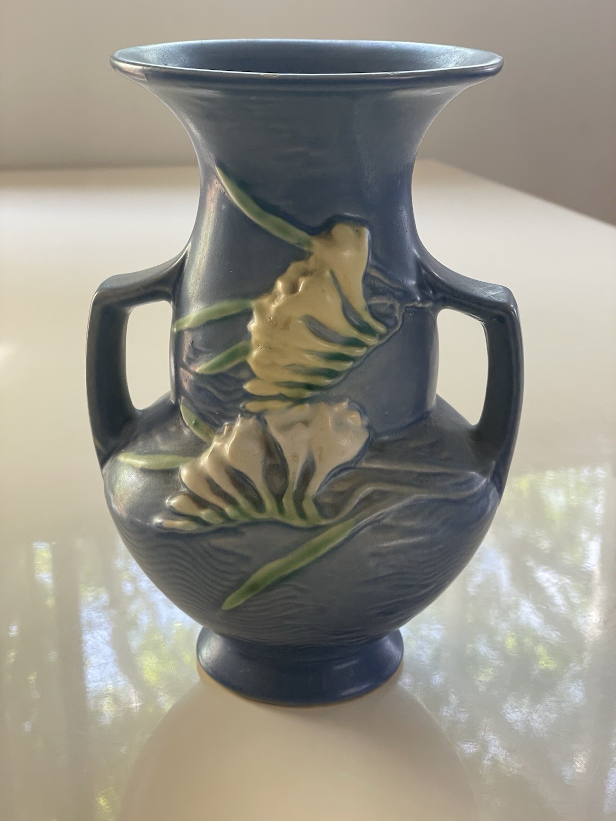 Roseville Art Pottery 1940s Blue Freesia Base W Handles 1228 USA Vase Roseville Art Pottery 1940s Blue Freesia Base W Handles 1228 USA Vase