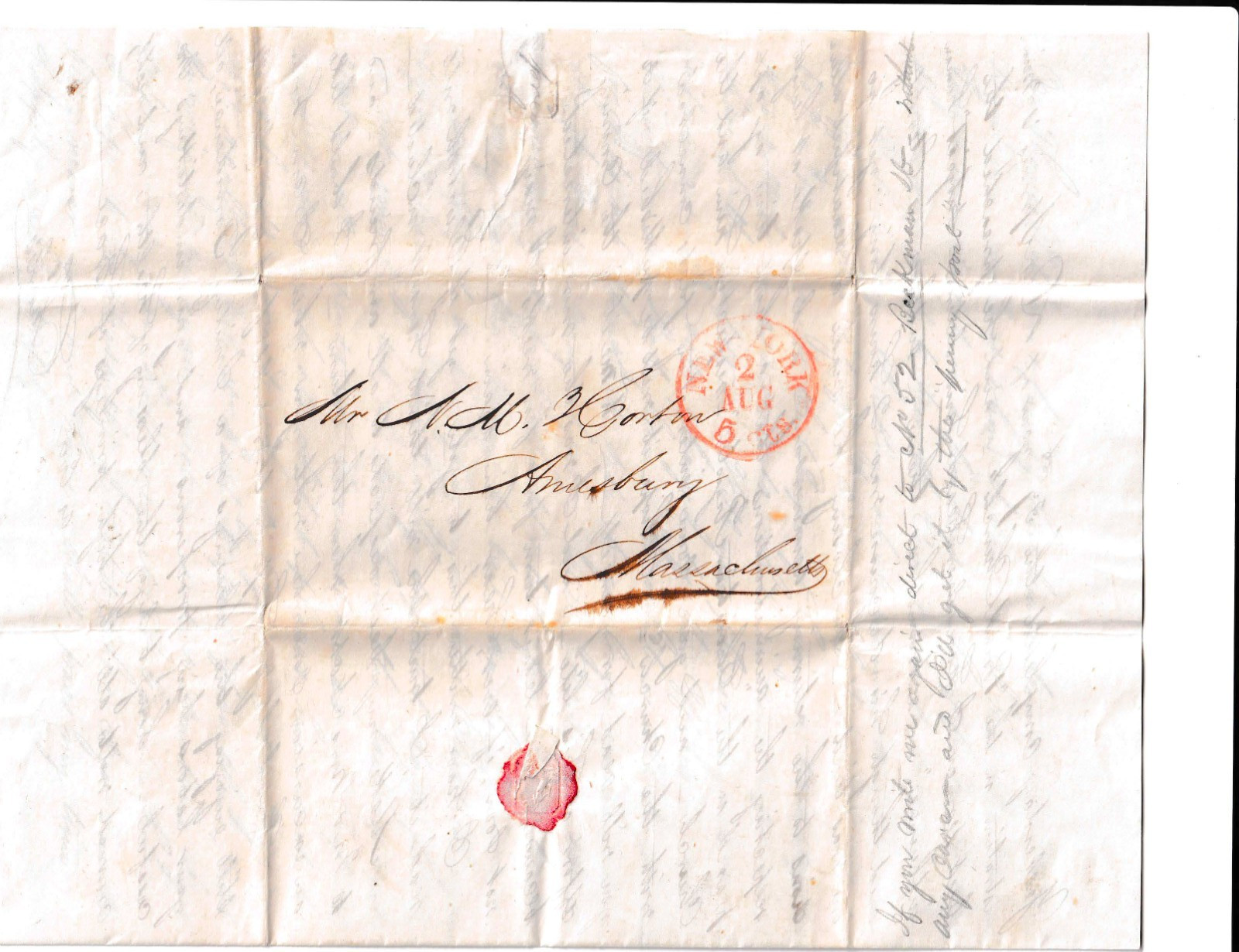 1847 NYC Stampless Letter Early Dental Ether Norwich Worcester RR Stock