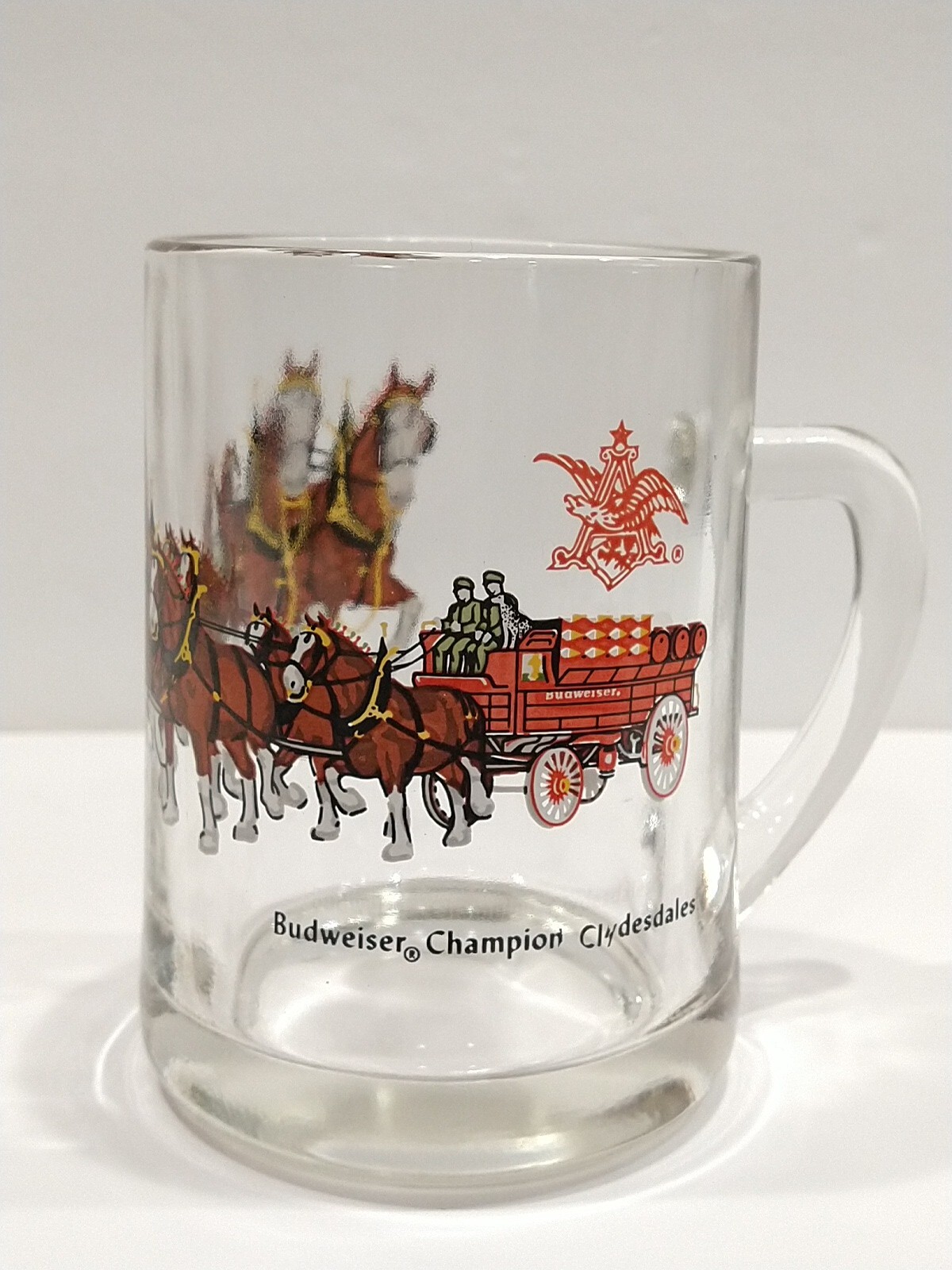 Vintage Budweiser Champion Clydesdales Clear Glass 12 oz Christmas Beer Mug