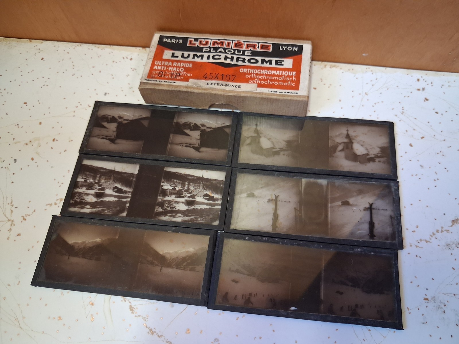 6 Glass Plate Stereo views Original Lumiere Lumichrome with Box