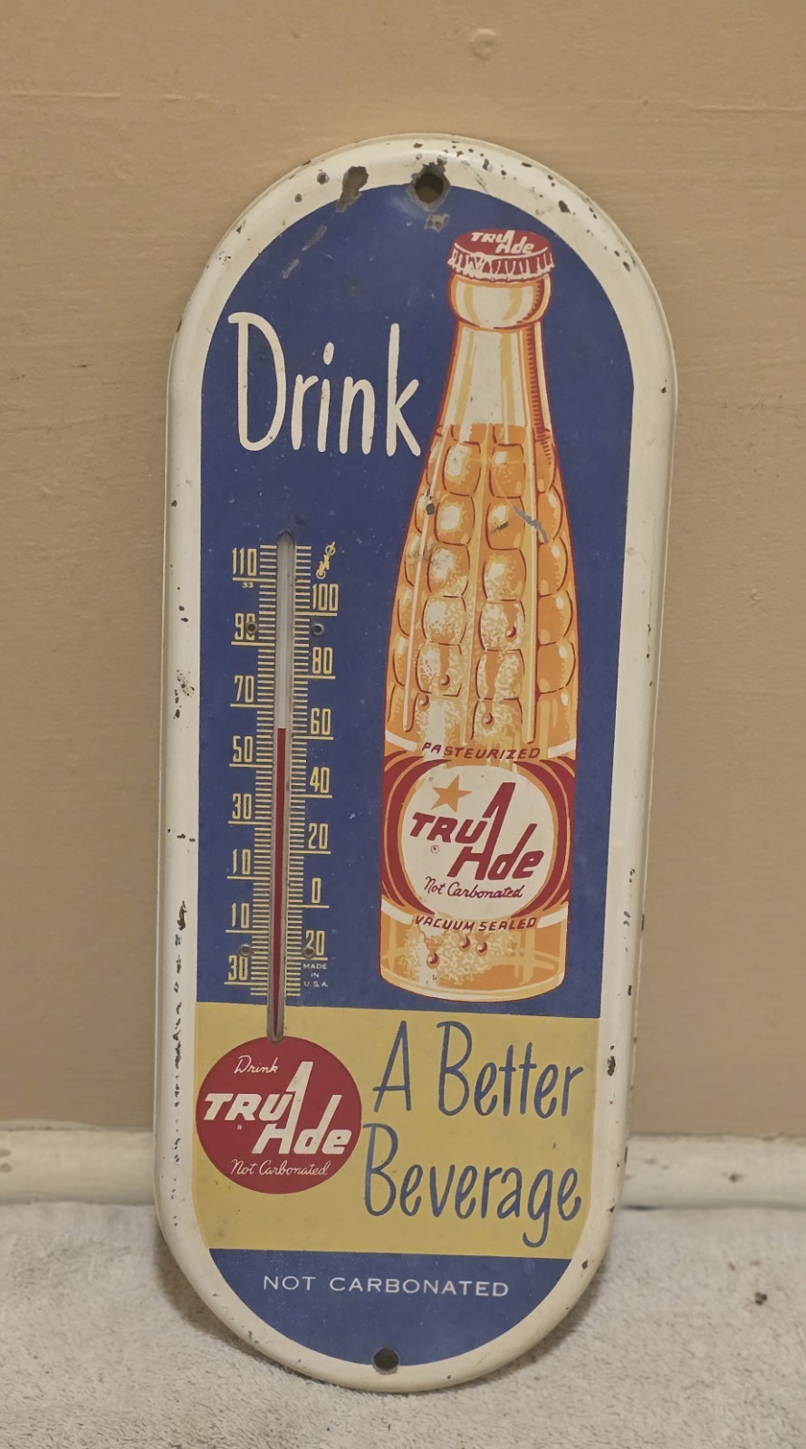 Vintage TRU-ADE orange soda pop gas station metal advertising thermometer sign 