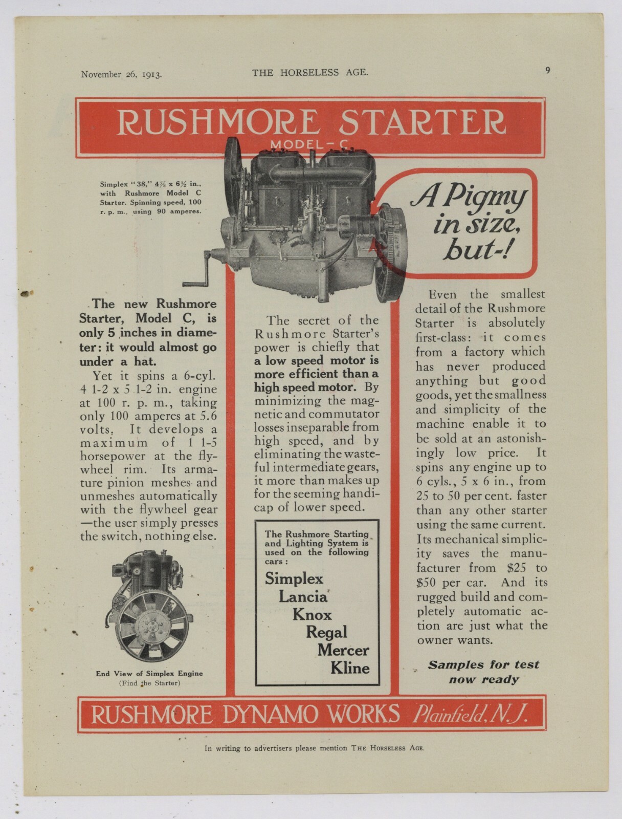 1913 Rushmore Dynamo Works Ad: Model C - Plainfield, New Jersey 1913 Rushmore Dynamo Works Ad: Model C - Plainfield, New Jersey