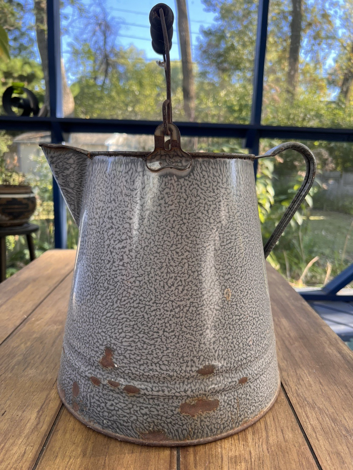Primitive Cowboy Graniteware Coffee Pot Gray Swirl-Speckled Enamel- Chuckwagon