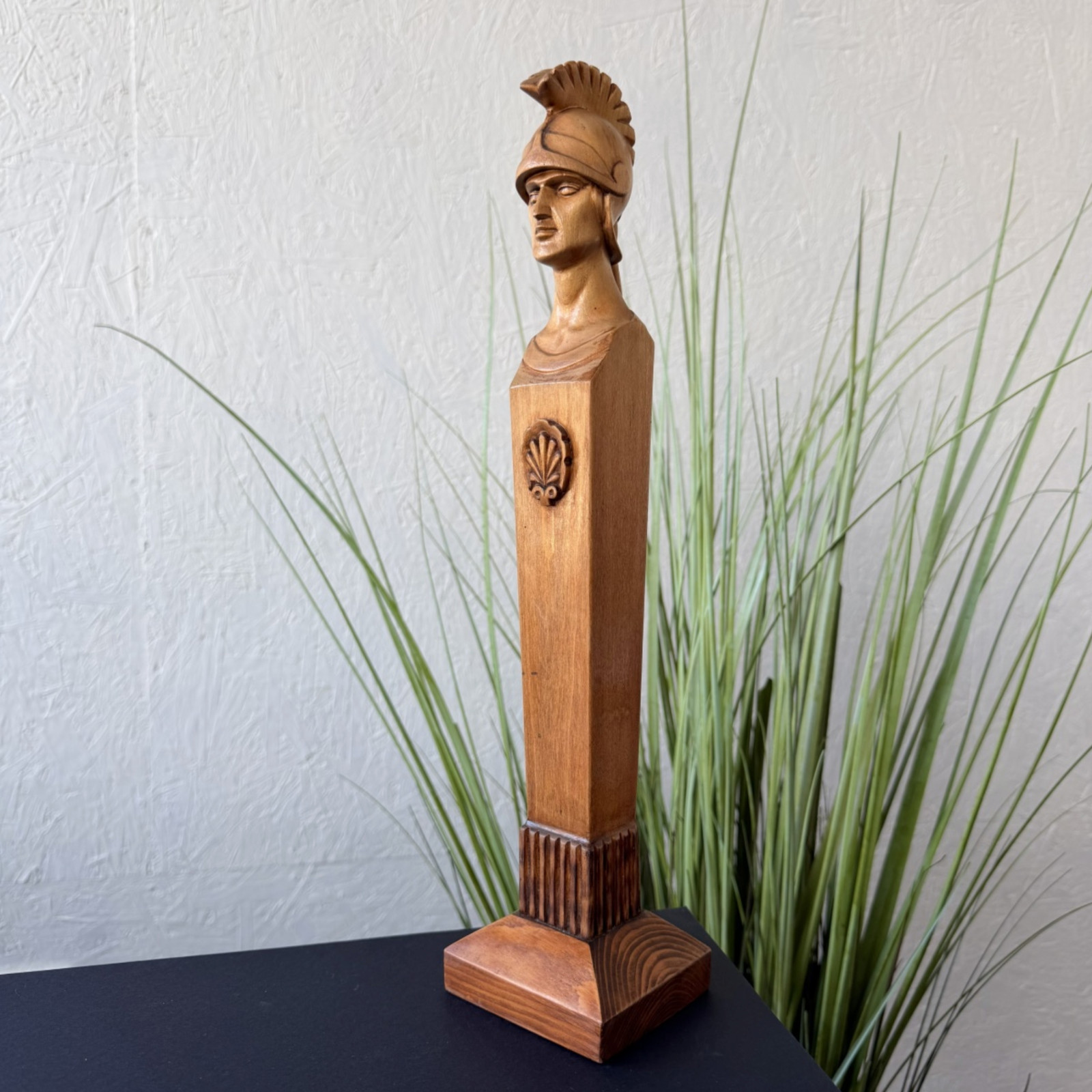 Vintage Hand Carved Wooden Greek Warrior Bust Statue Roman Soldier Home Decor