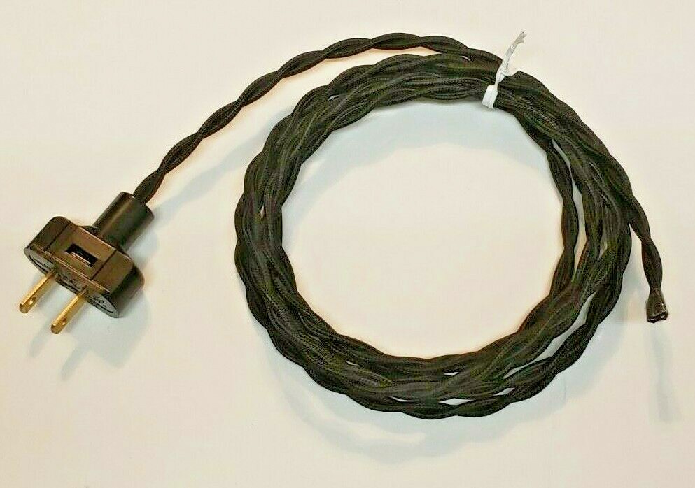 8' Black Rayon Twisted Covered Wire & Plug, Vintage Style Lamp Cord, 405J 8' Black Rayon Twisted Covered Wire & Plug, Vintage Style Lamp Cord, 405J