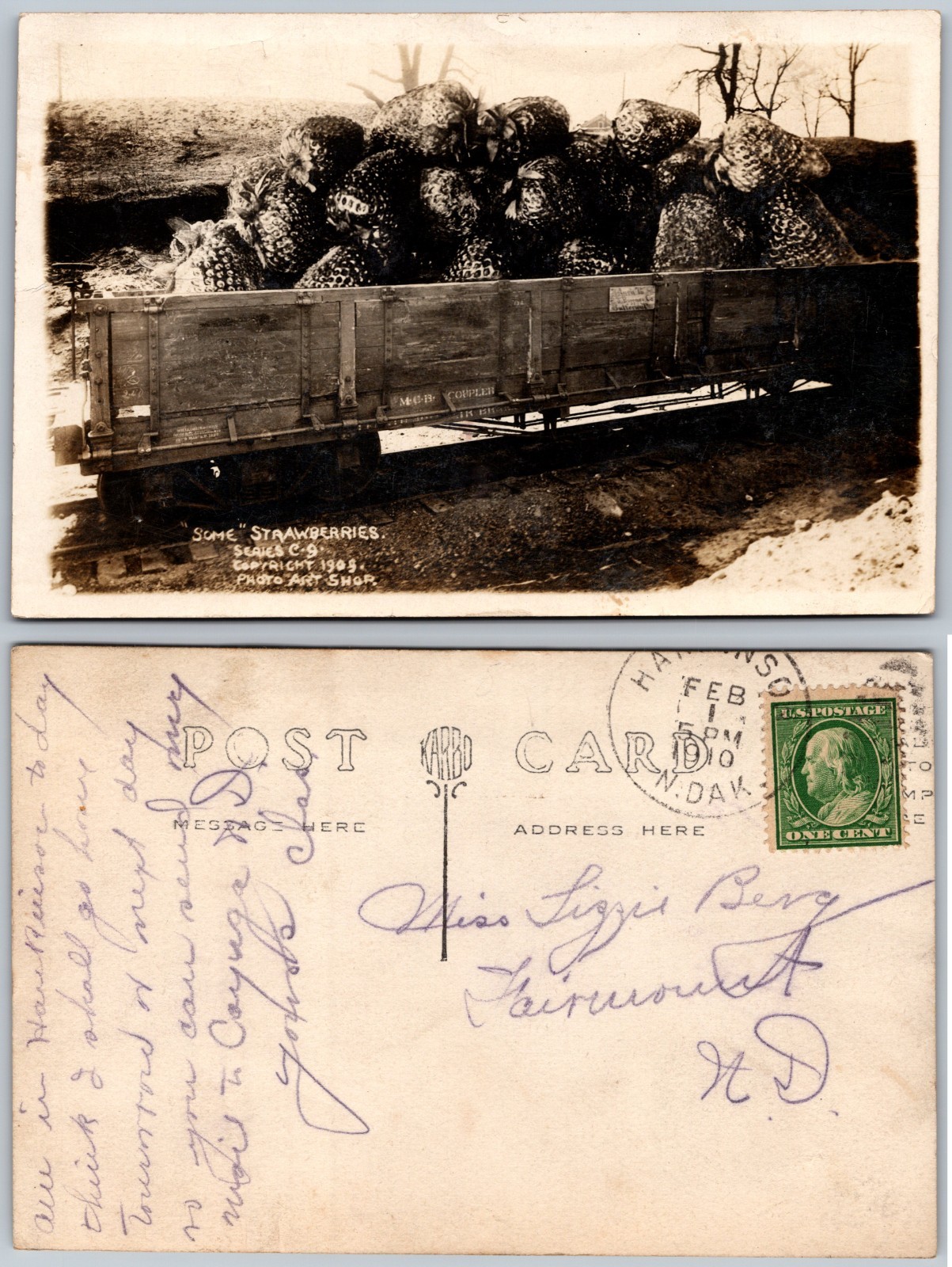 Exaggeration Giant Strawberries On Railroad Flatcar Postcard
