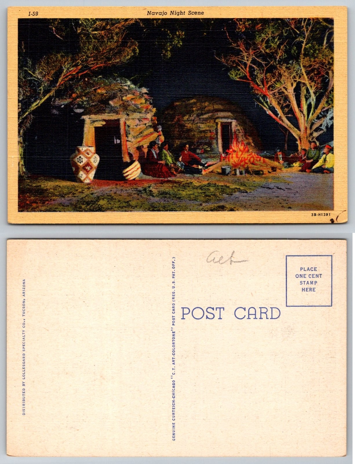 Navajo Night Scene Campfire Hogan Arizona Curt Teich Postcard