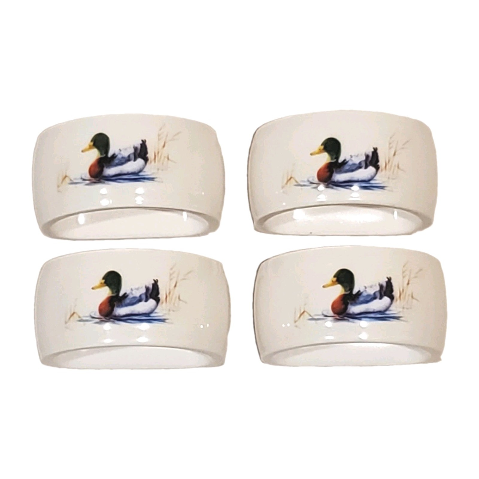 Vintage Ceramic Mallard Duck Napkin Rings Set of 4 White Hand Painted 1970s