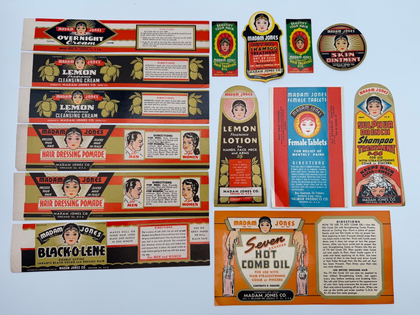 Authentic Madam Jones African American Beauty Product Valmor Label Lot 1930/40\'s