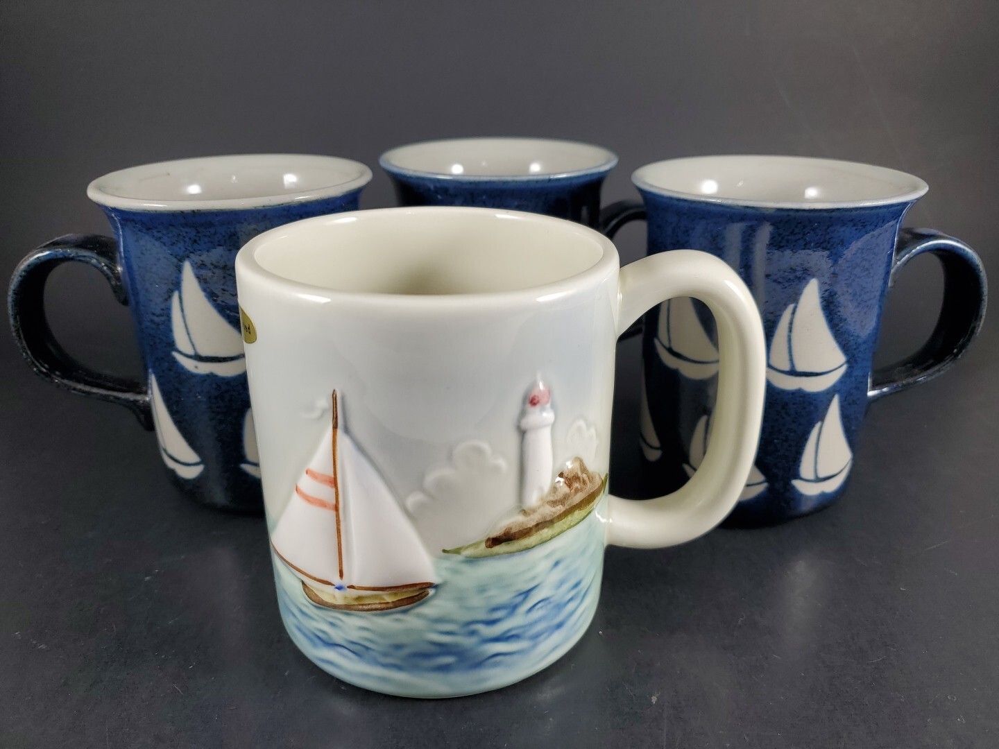 Vintage NOS Otagiri Sailboat Lighthouse Mug + 3 Cobalt Nautical Ocean Glazed Lot