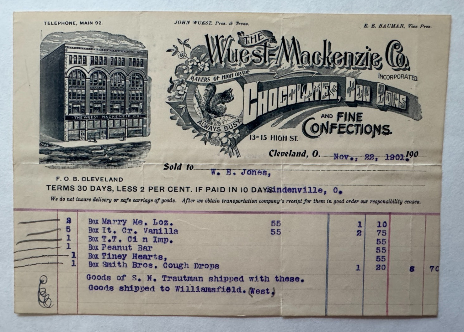 Vintage 1901 Billhead Cleveland Ohio Wuest-Mackenzie Chocolates High St vignette