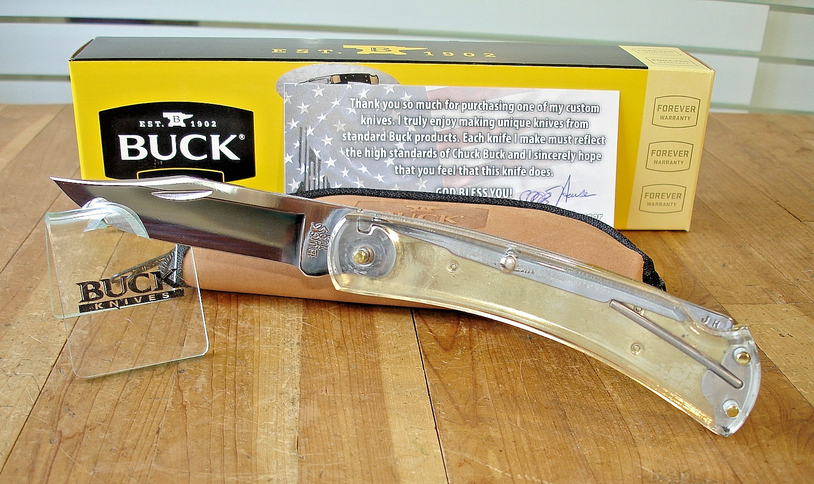 JOE HOUSER CUSTOM BUCK KNIFE 110 HUNTER MP 420HC BLADE LUCITE MICARTA HANDLE