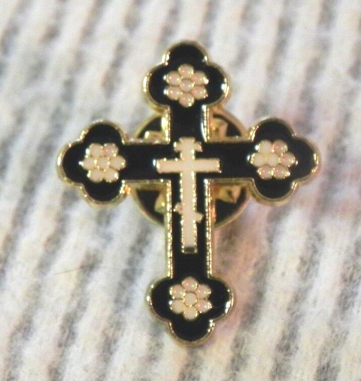 BUDDED CROSS Pin Black Enamel Lapel Brooch Badge Christian Orthodox Gold tone