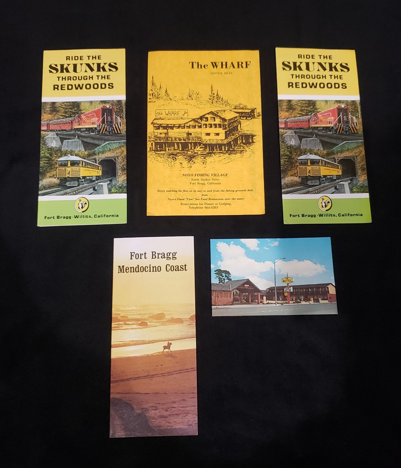 FORT BRAGG: THE WHARF Menu, Postcard, Skunk Line & Mendocino Coast Map Brochures FORT BRAGG: THE WHARF Menu, Postcard, Skunk Line & Mendocino Coast Map Brochures