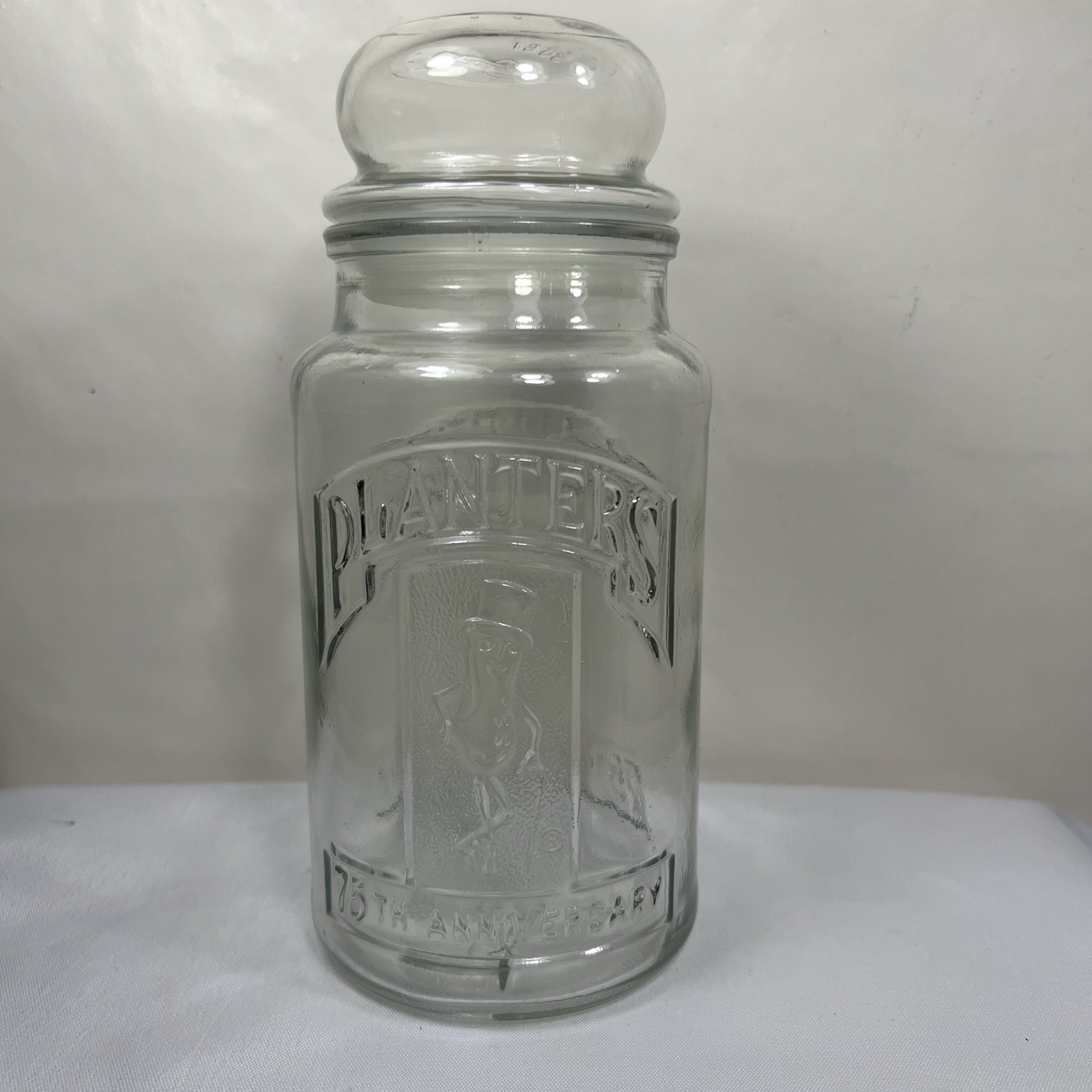 Vintage 1981 MCM Planters Mr Peanut 75th Anniversary Glass Jar Advertising
