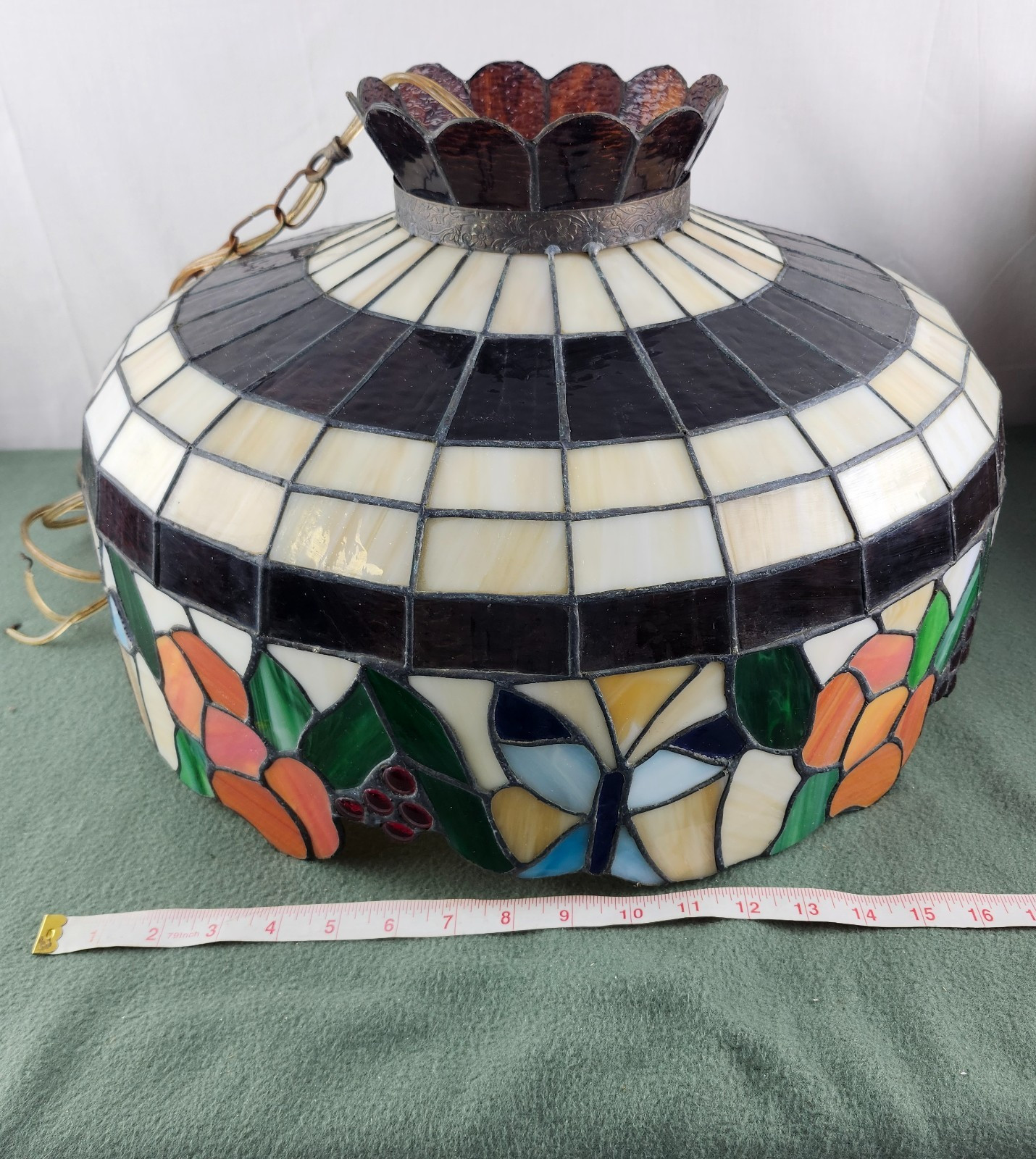 Nice Large Vintage Tiffany Style Slag Glass Shade Grapes Pattern 18\