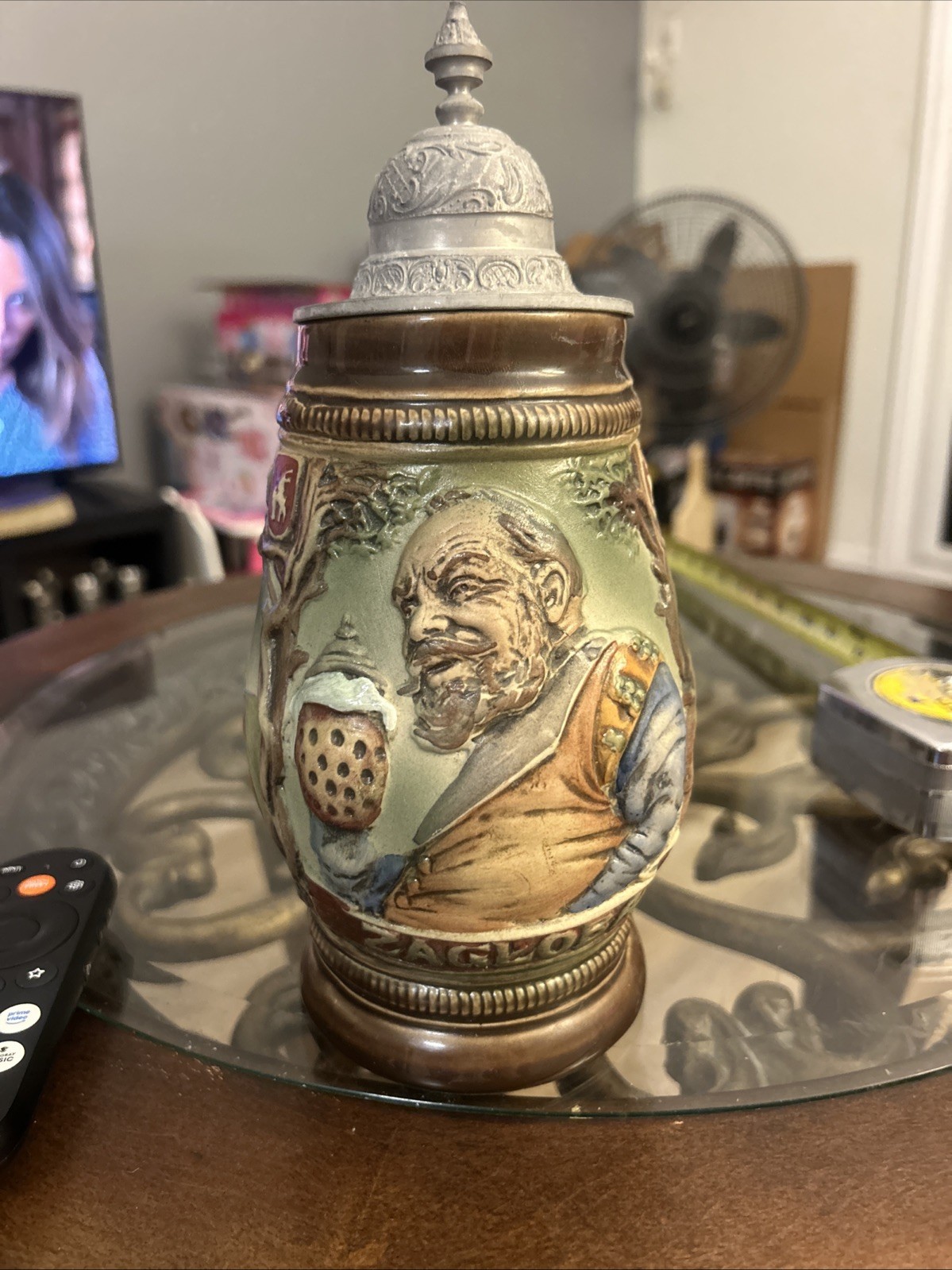 VTG Poland Style Beer Stein Tavern Scene Pewter Lid Hand Painted Ceramic