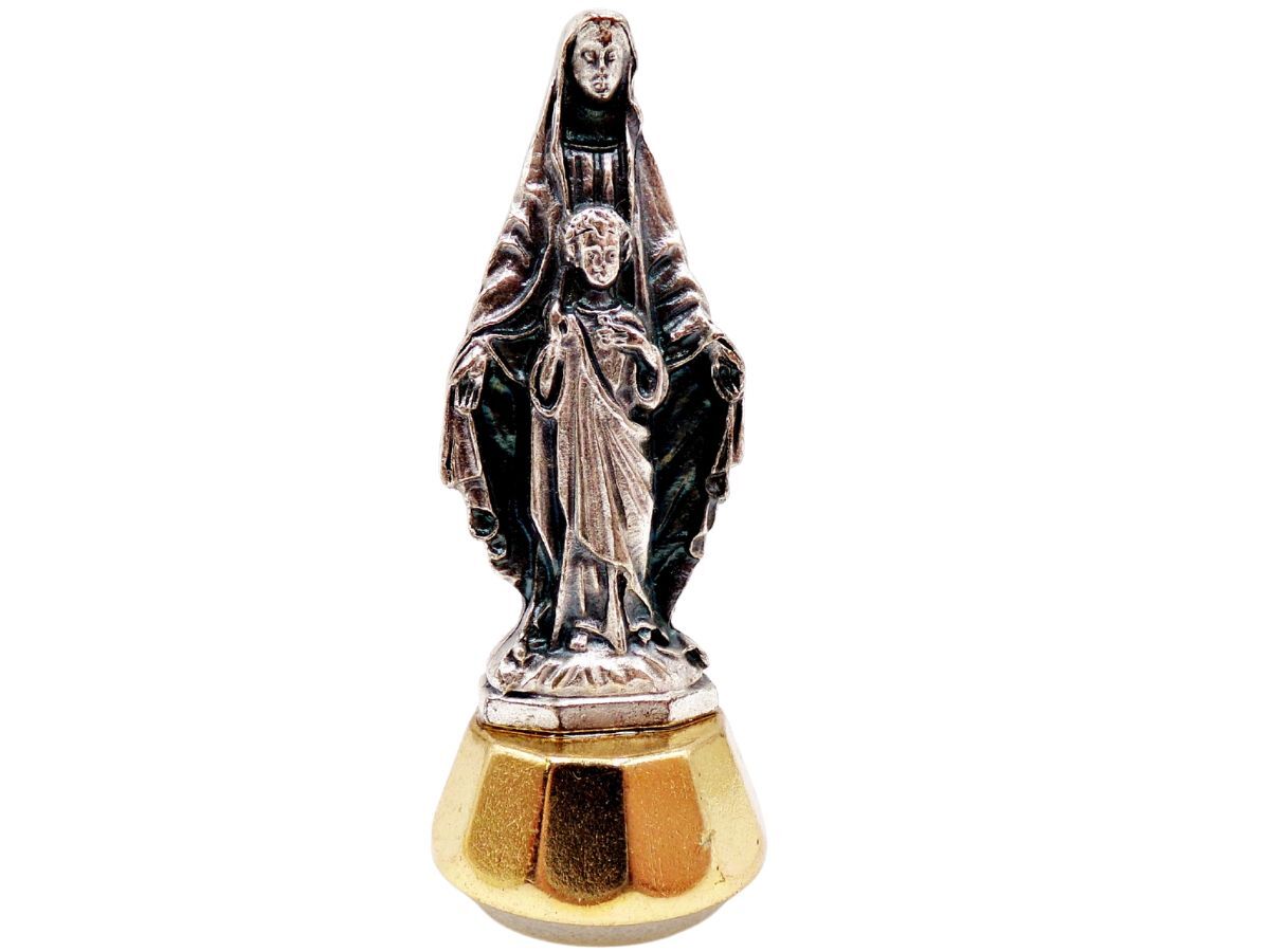 Two Toned Madonna and Child Adhesive Mini Figurine on Base 2 1/4 Inches Two Toned Madonna and Child Adhesive Mini Figurine on Base 2 1/4 Inches