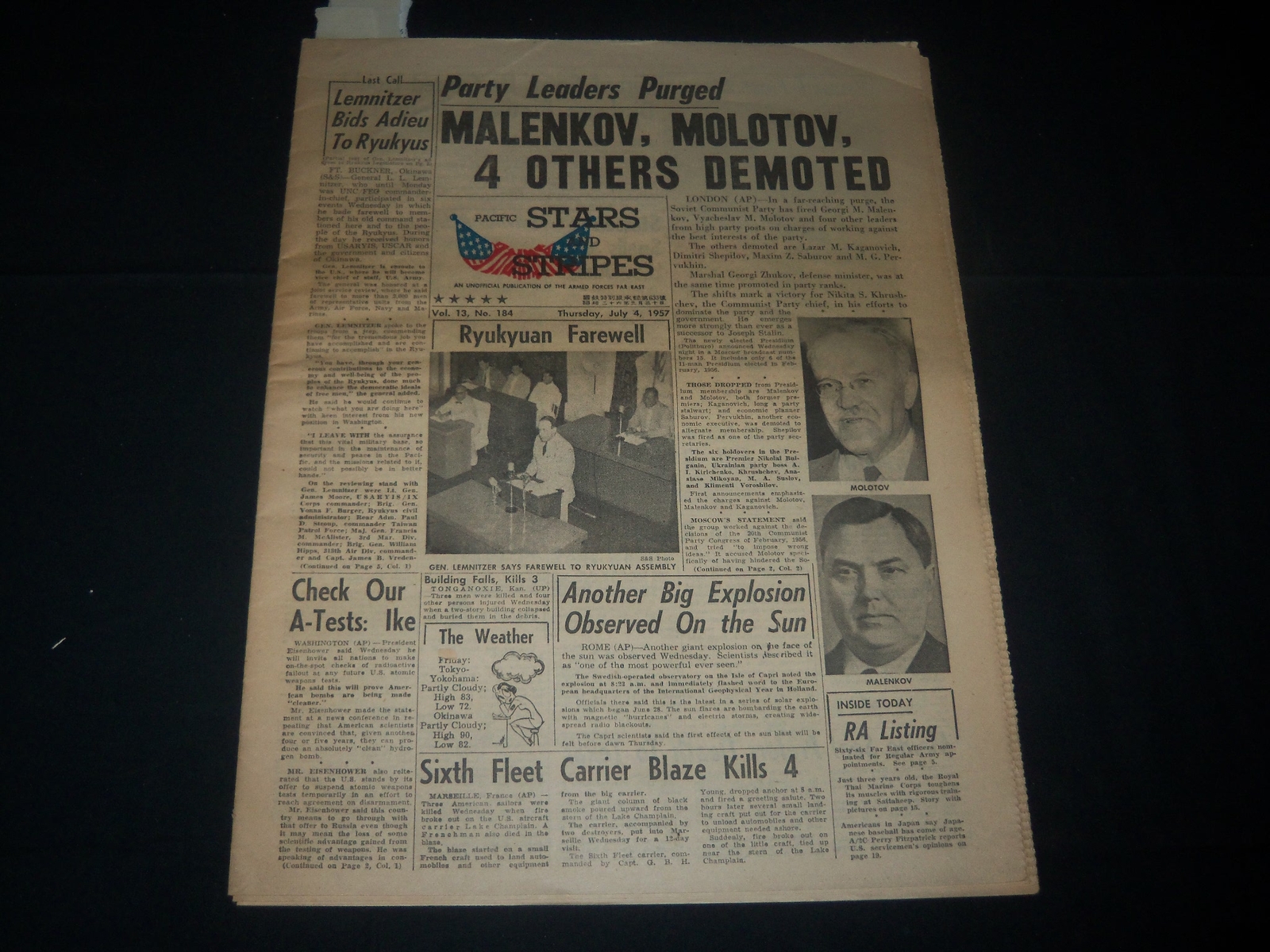 1957 JULY 4 PACIFIC STARS AND STRIPES NEWSPAPER - MALENKOV - MOLOTOV - NP 3467