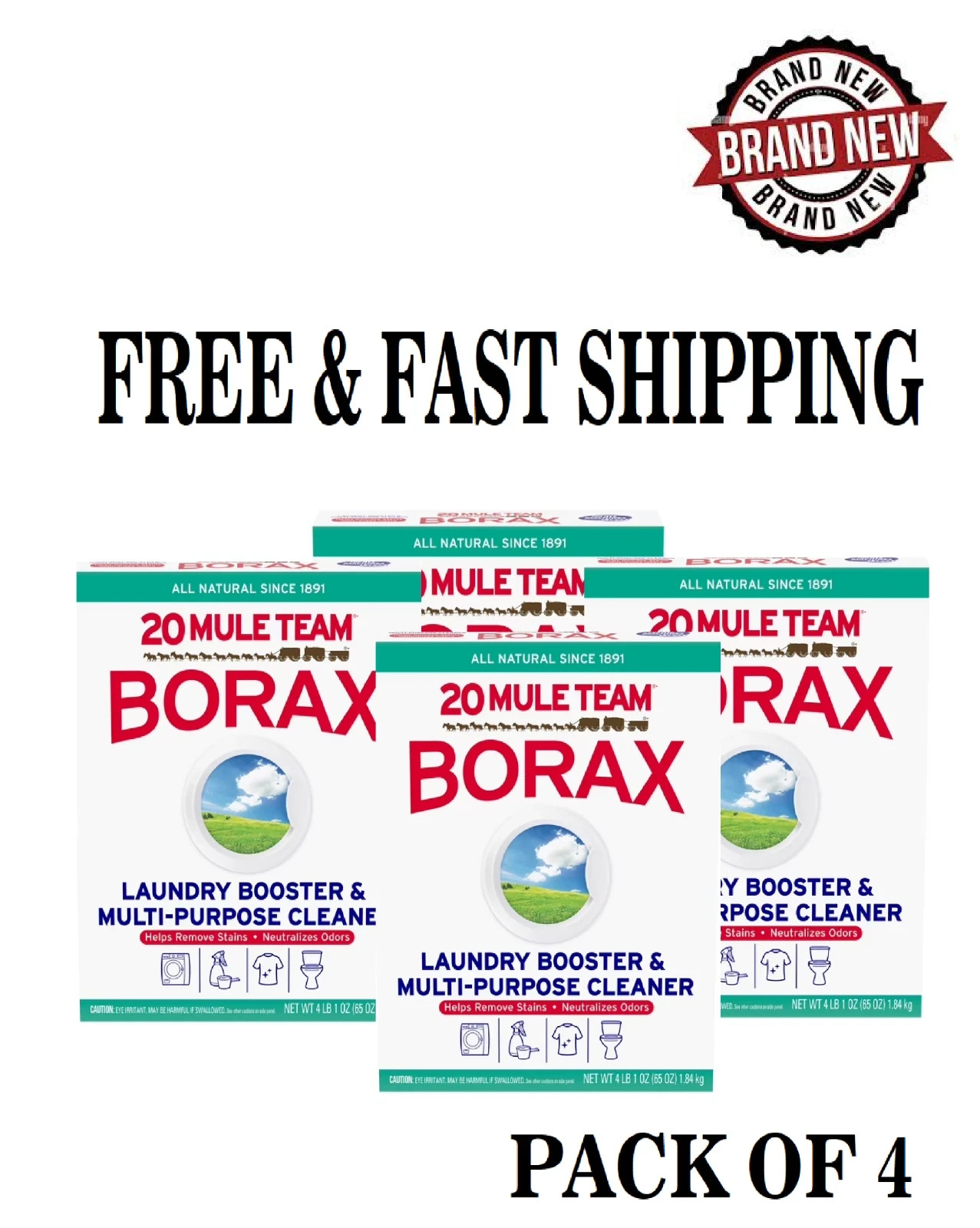 4 Pack 20 Mule Team Borax Laundry Booster Multi-Purpose Cleaner 65 oz Each