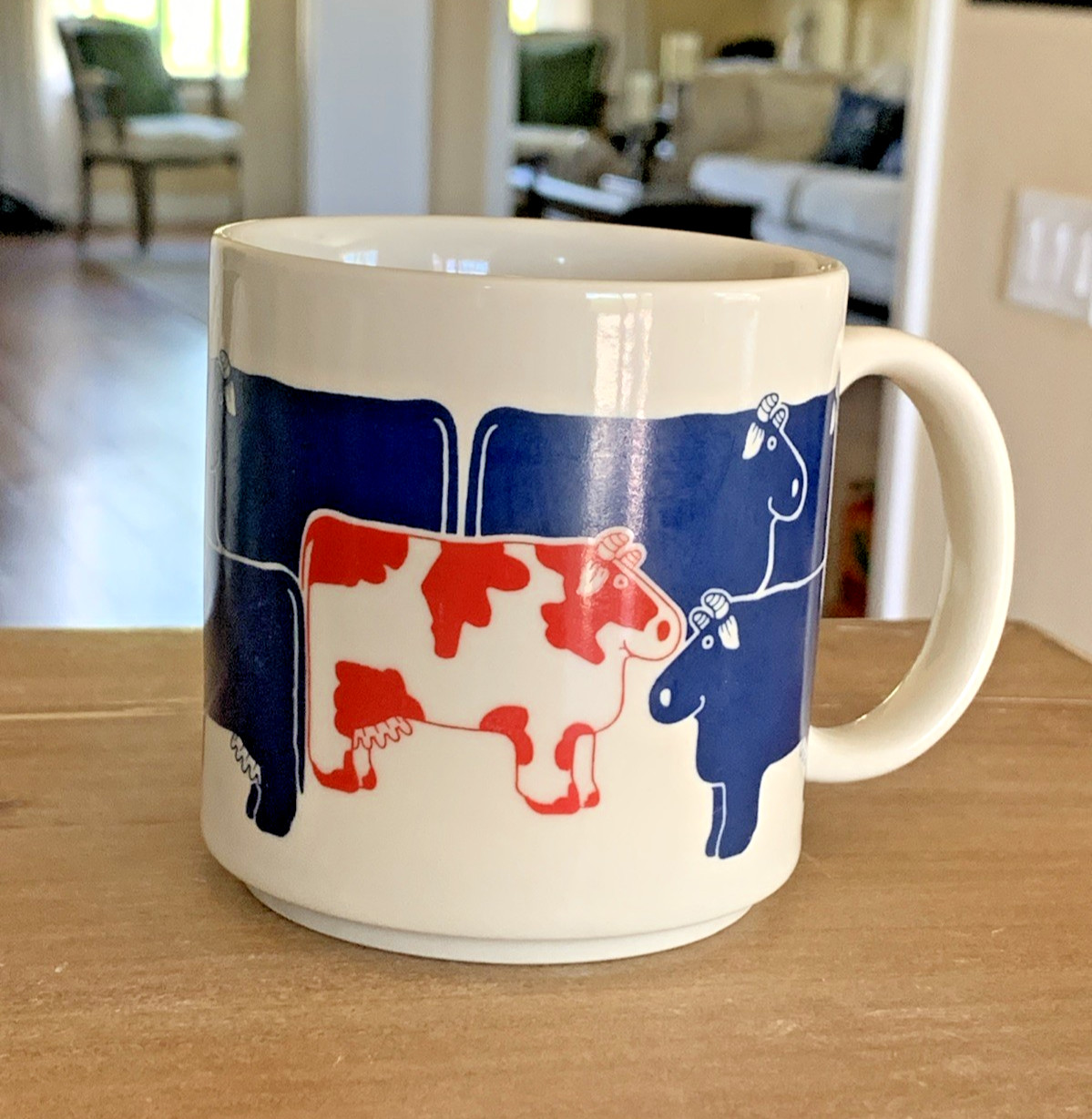 Taylor & Ng Ceramic Mug DAIRY DEARIES Red Jersey Navy Blue Cows VTG 1985 Japan