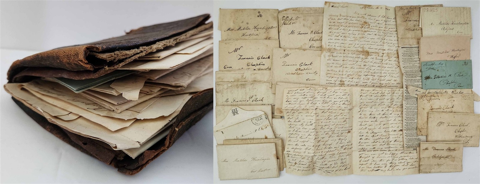 1830s-40s antique FRANCIS CLARK 21 stampless LETTERS chaplin ct WALLET archive