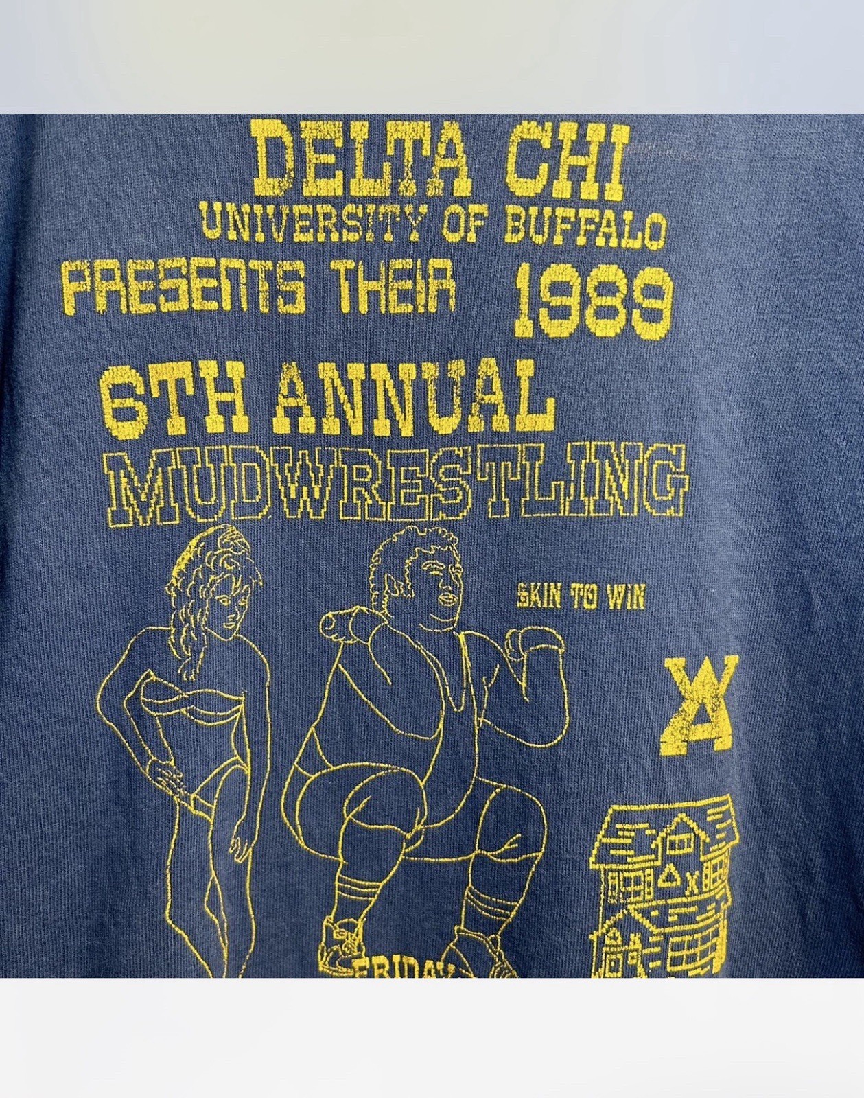 1980s XL Champion T-Shirt Greek Life - Delta Chi Mud Wrestling 1989 Buffalo🔺X