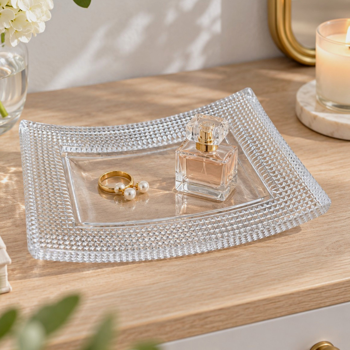 Clear Crystal Curved Vanity Tray Diamond Point Perfume Jewelry Dresser Catchall