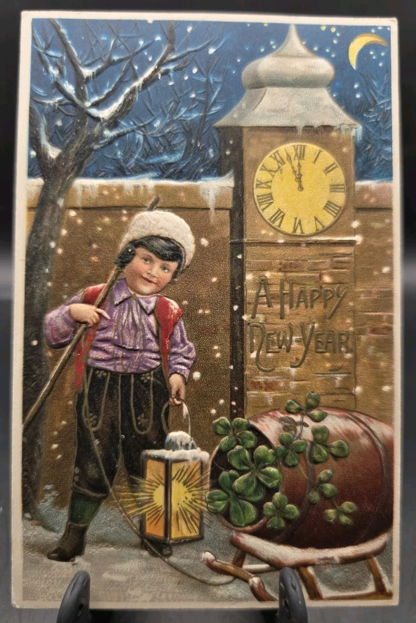 Antique New Year BOY With Lantern Clover Embossed Postcard 1900s Germany 