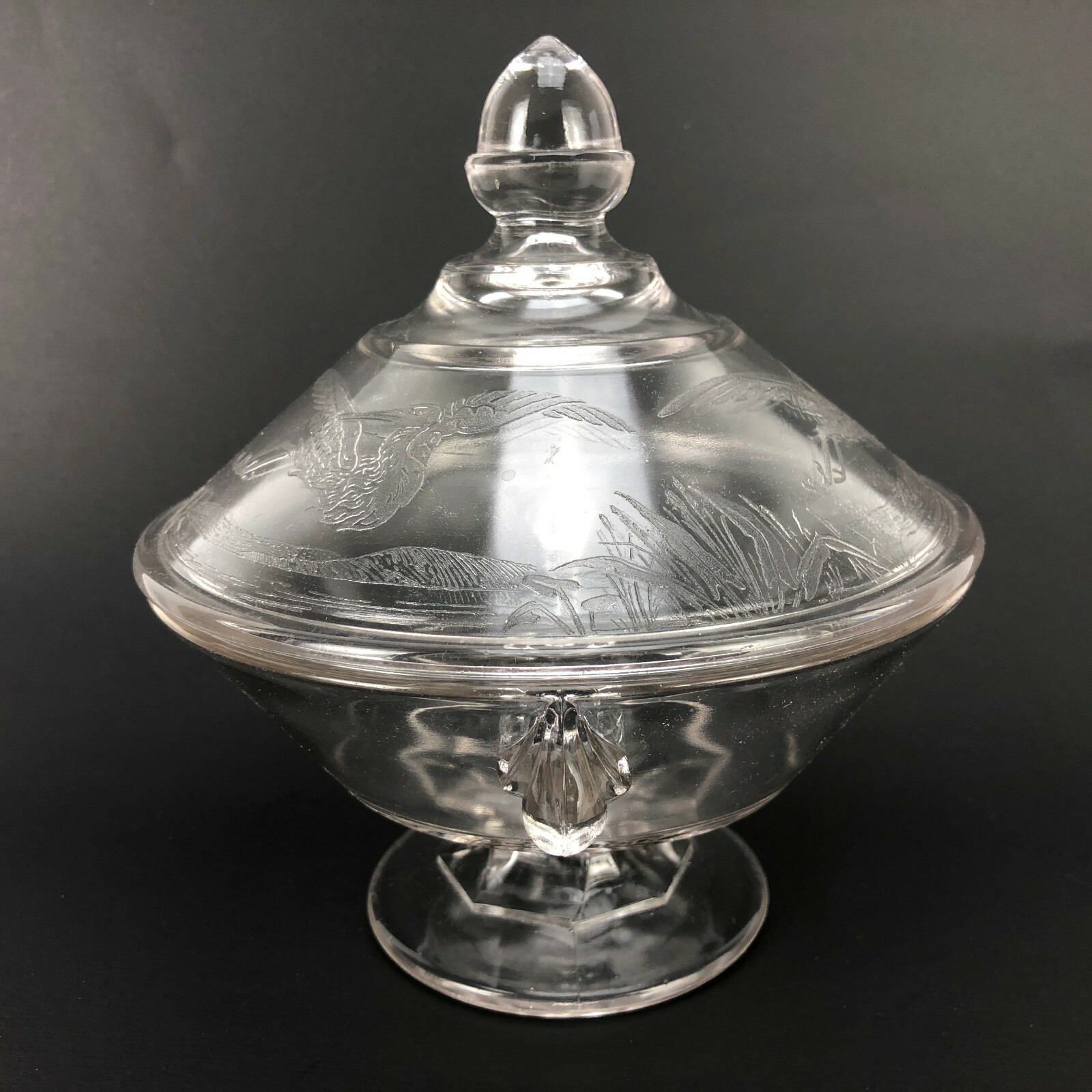 Antique EAPG Glass Butter Dish Stork Crane On Pond Covered Acorn Final Covered Antique EAPG Glass Butter Dish Stork Crane On Pond Covered Acorn Final Covered