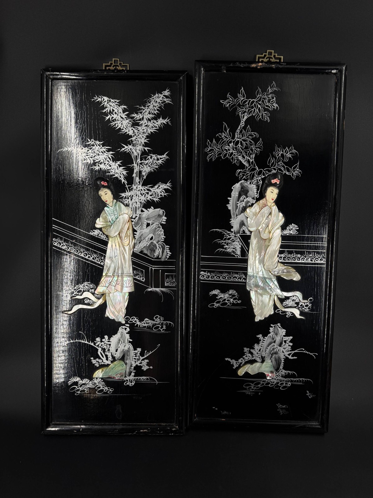 Vintage Asian Mother of Pearl Inlay Wall Panels Ladies Black Lacquer Pair 25