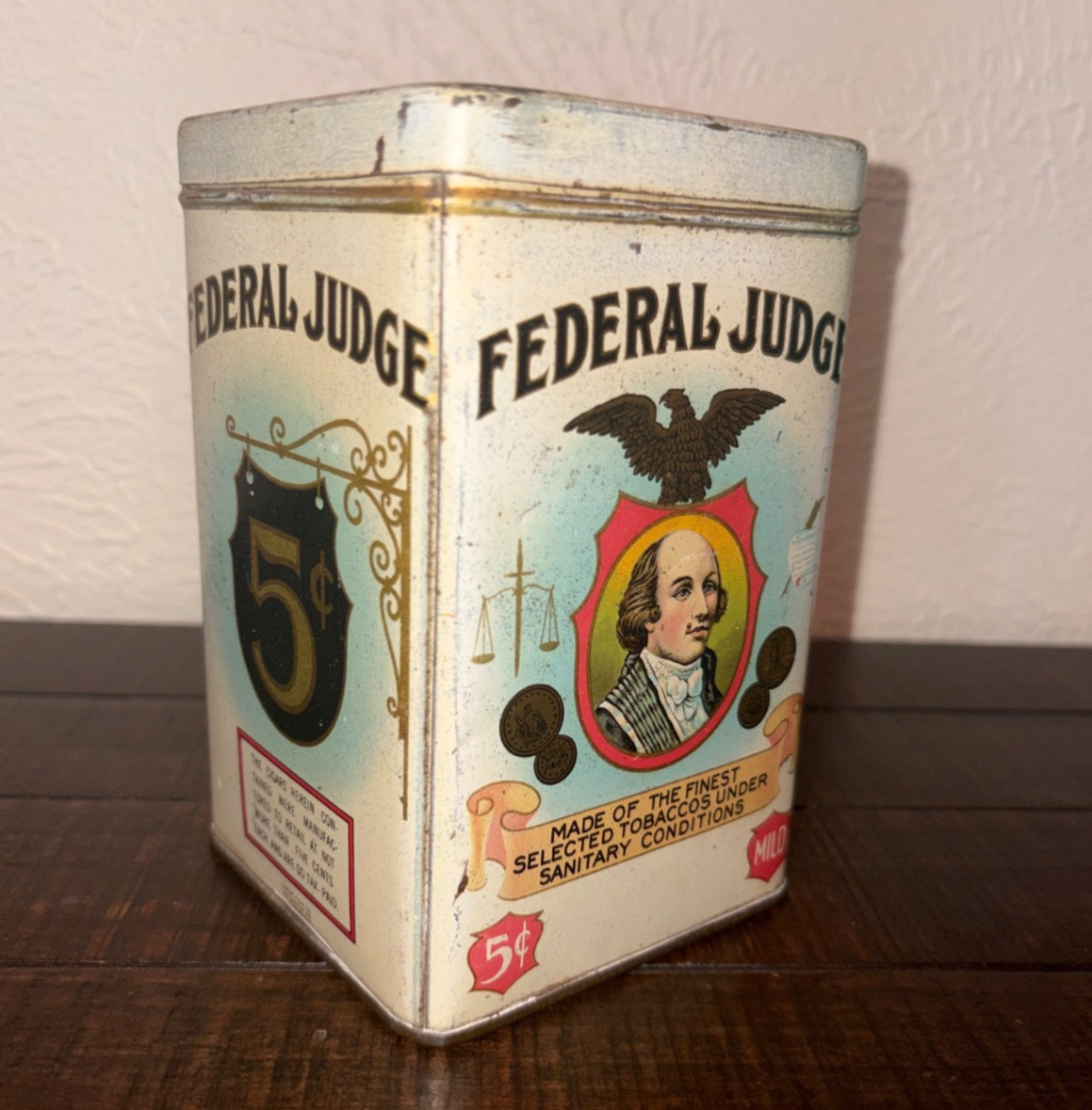 Federal Judge 5¢ Cigar Tin Liberty Can Co - Lancaster PA - Factory No 554