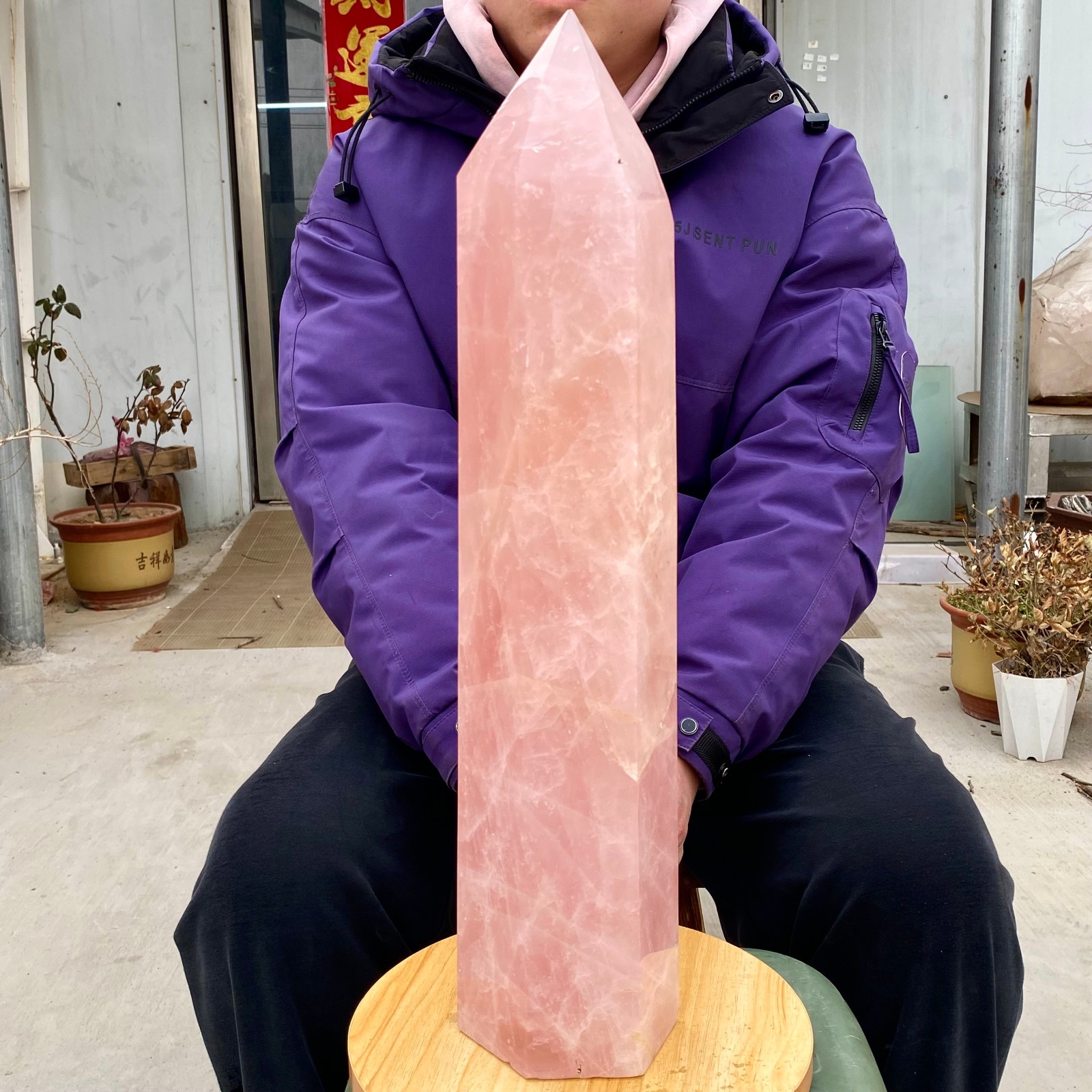 23.92LB Natural clear Pink Rose Quartz Carved Crystal Tower Wand Reiki