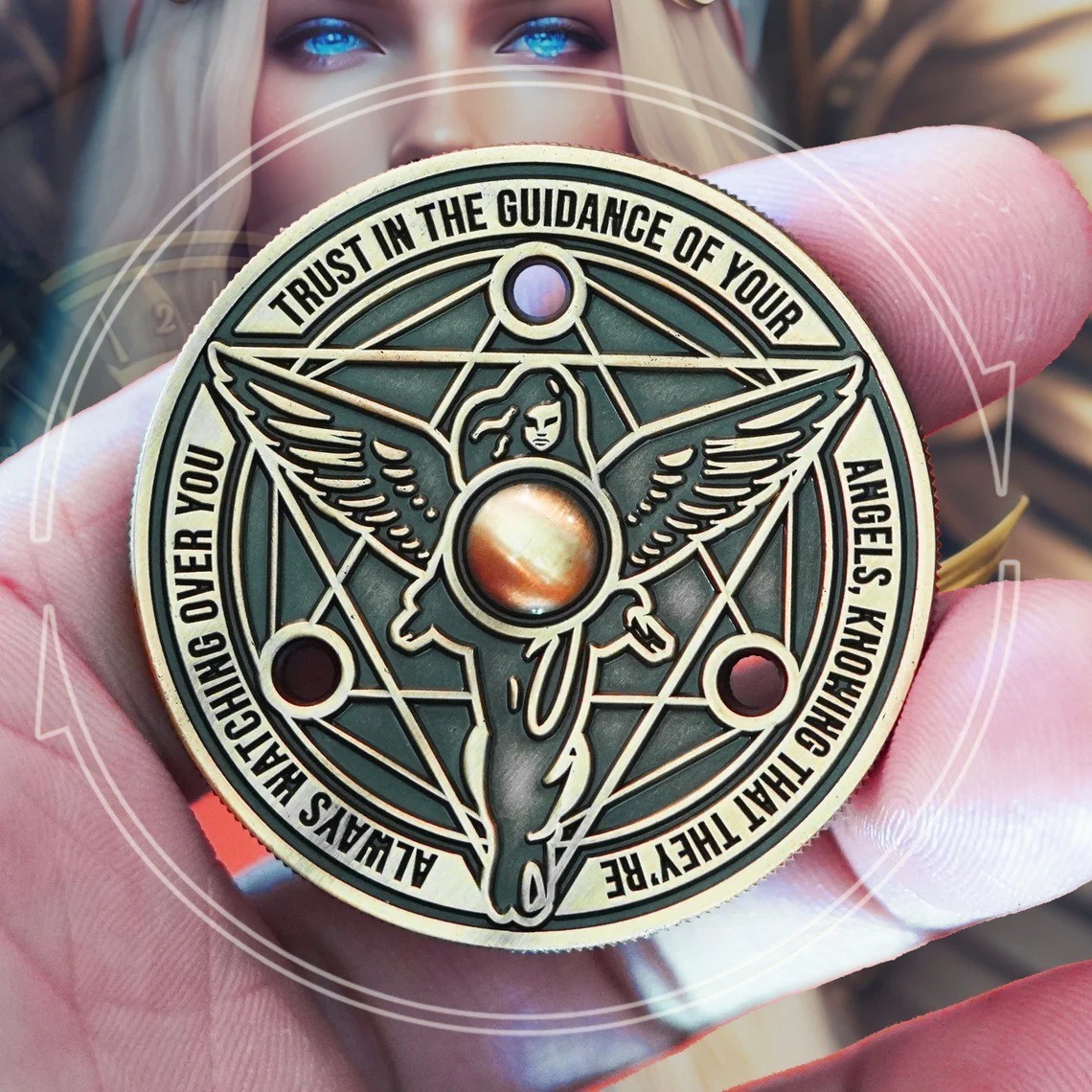 Angel Numbers Oracle Challenge Coin – Spinning Deck w/ 10 Divination Cards, Gold