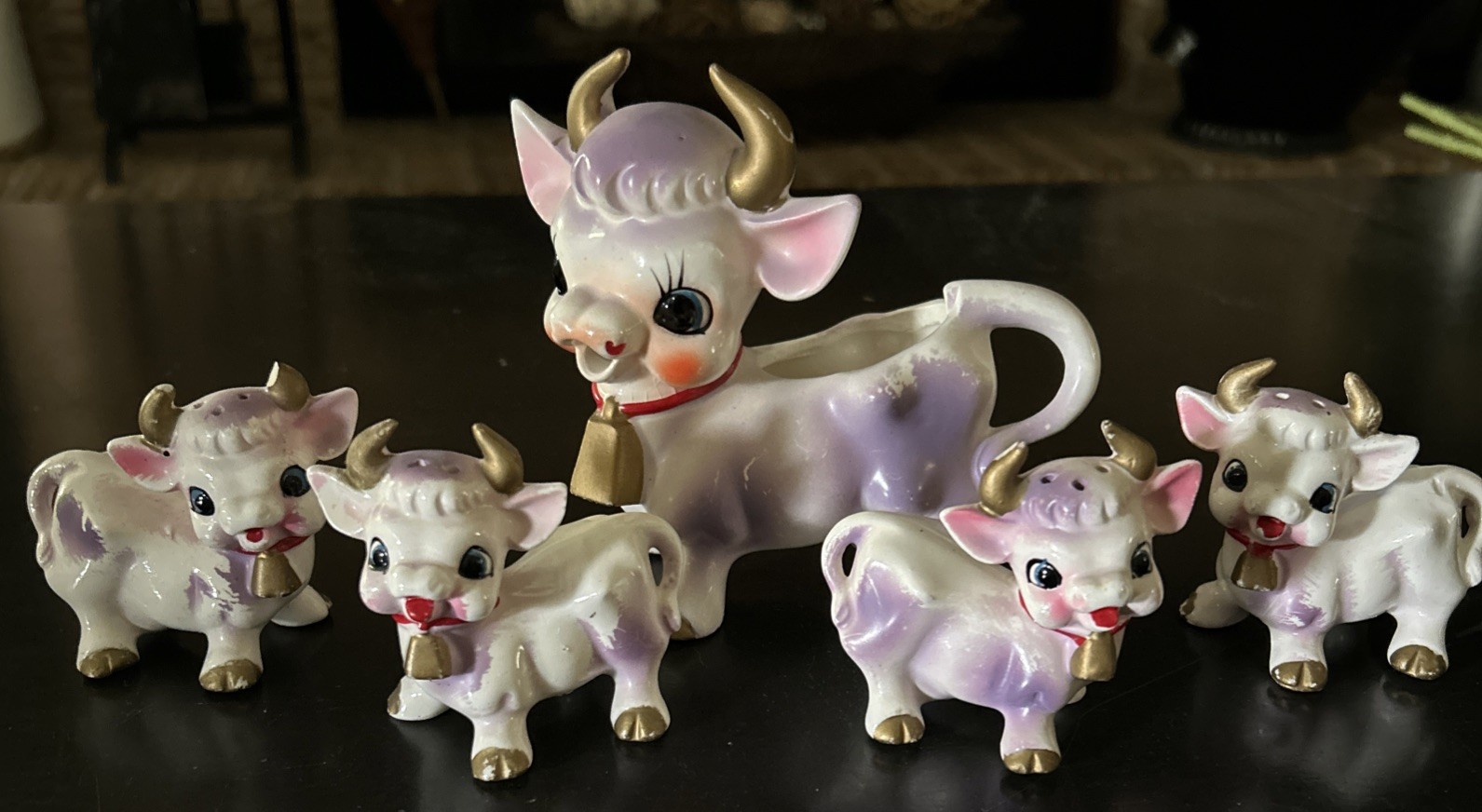 5 piece Vintage ELSIE the PURPLE COW & Calves Creamer, Salt & Pepper Set - Japan