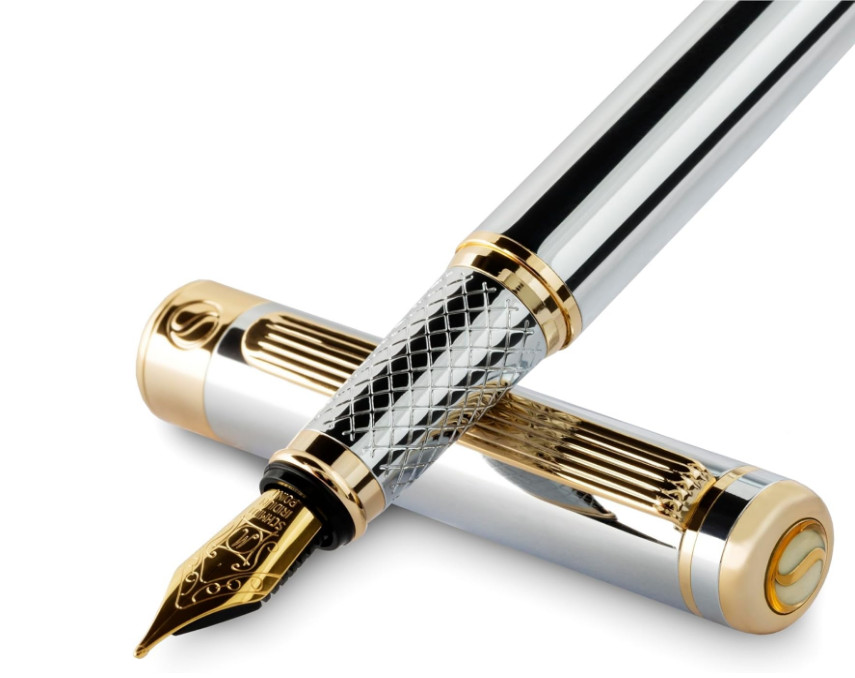 Bolígrafo elegante profesional con acabado plateado y nib dorado premium