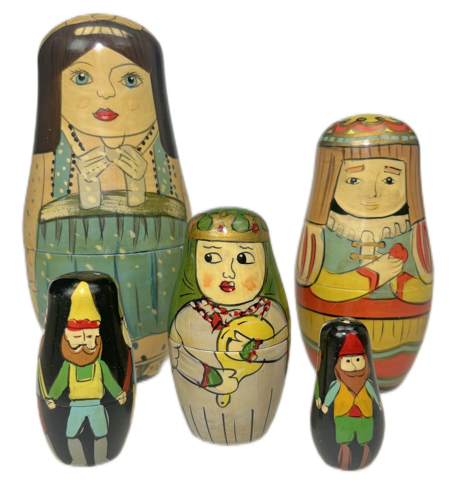 5.5” Wood Matryoshka Stacking Vtg Russian Nesting Folk Art Doll Set 5 Dolls