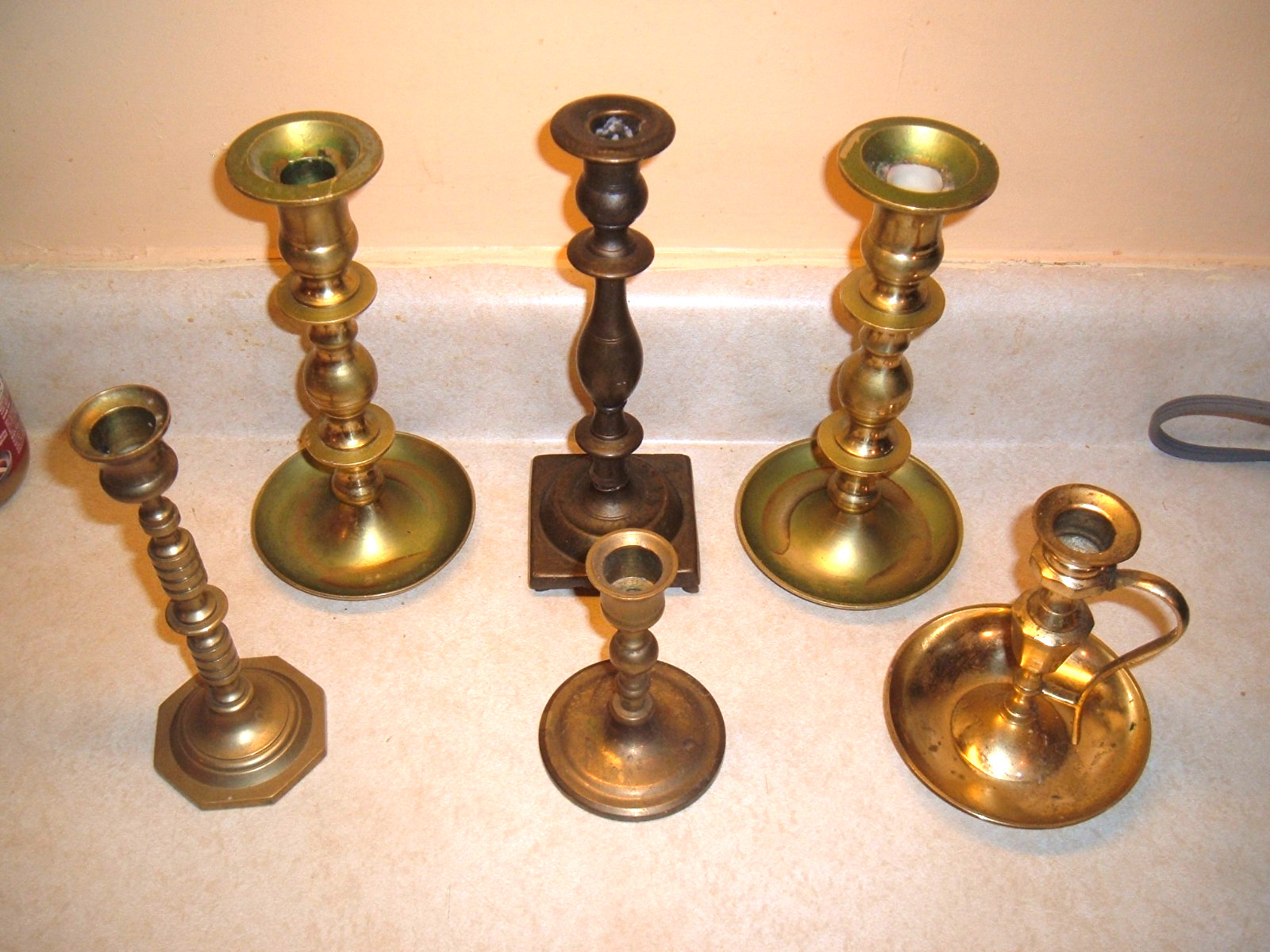 VTG Solid Brass Candlestick Holder Lot of 6  - 2 match 4 Mismatched