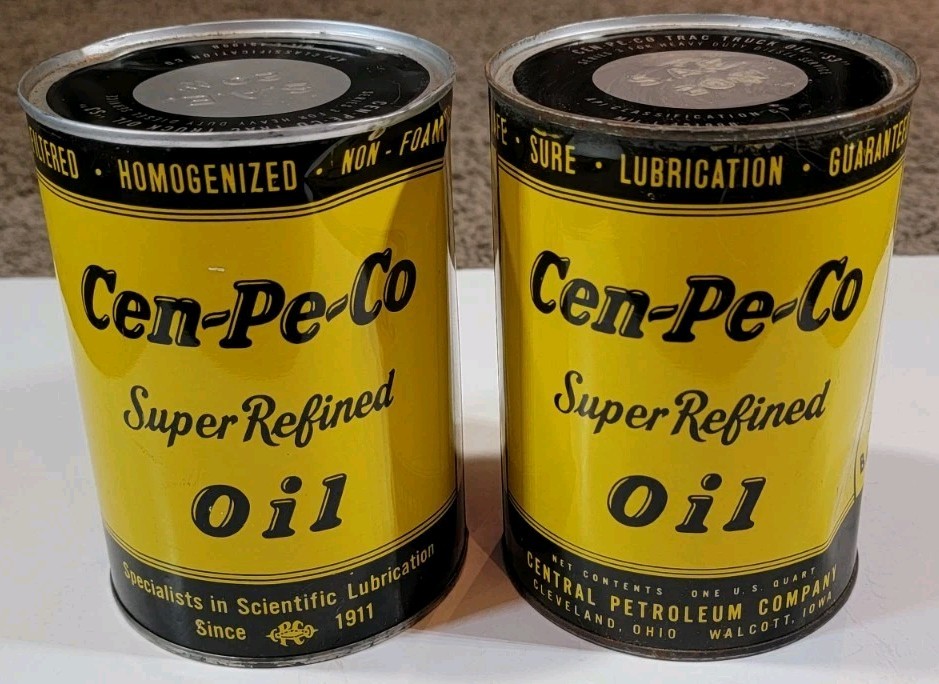 Pair Vtg NOS 1960s Cen-Pe-Co Super Refined Motor Oil 1 Quart Can Tin Full 20W 