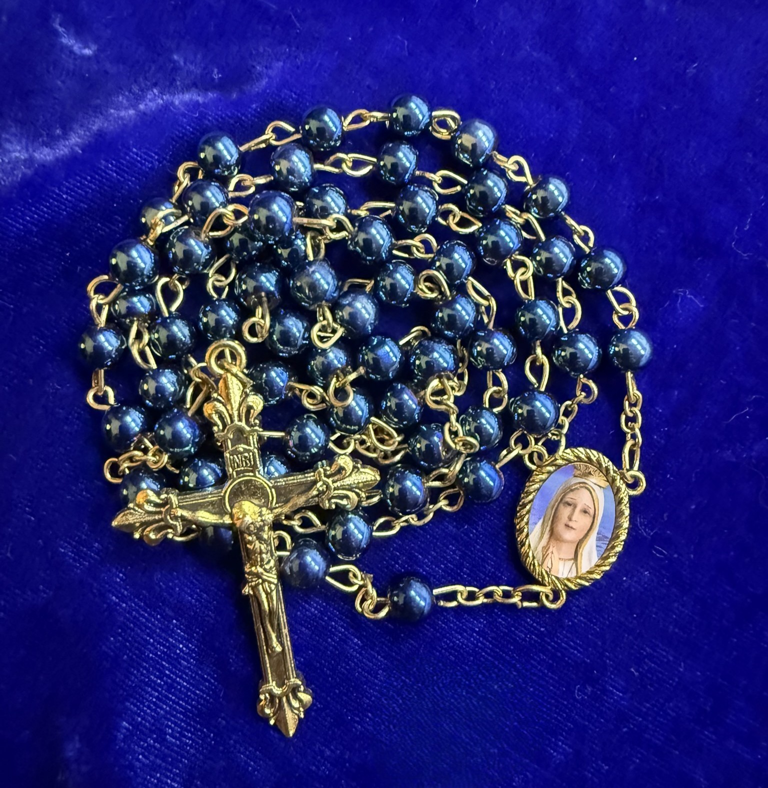 Vtg Stella Maris Mary Star of the Sea Ocean Blue Glass Bead Catholic Rosary