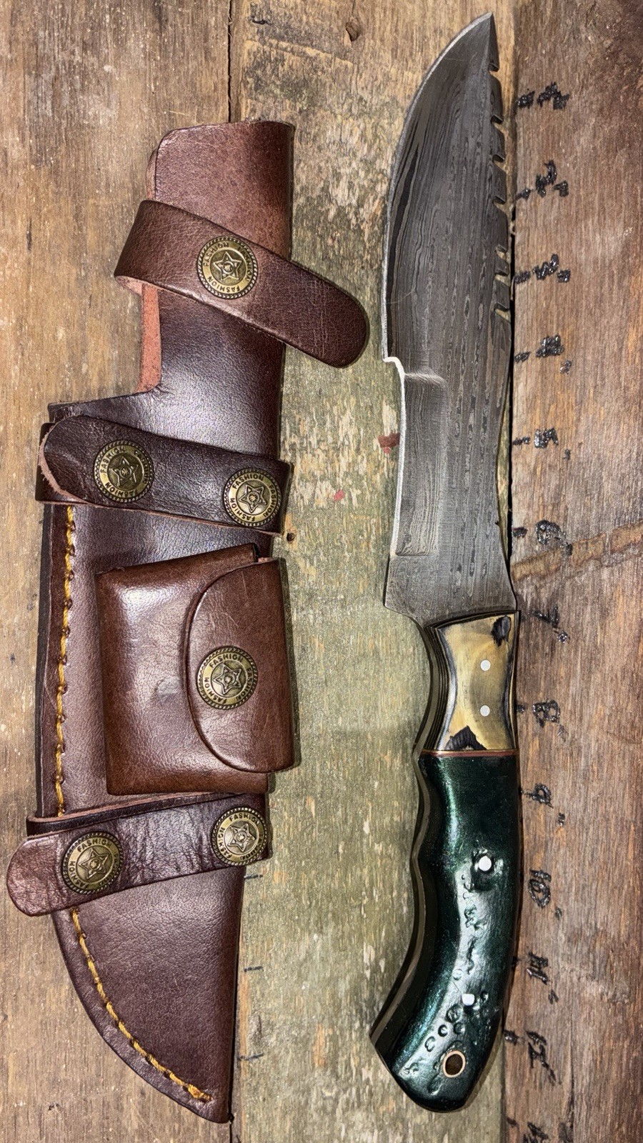 12.5” Handmade Etched Damascus Hunting Tracker Knife, w/Leather Sheath