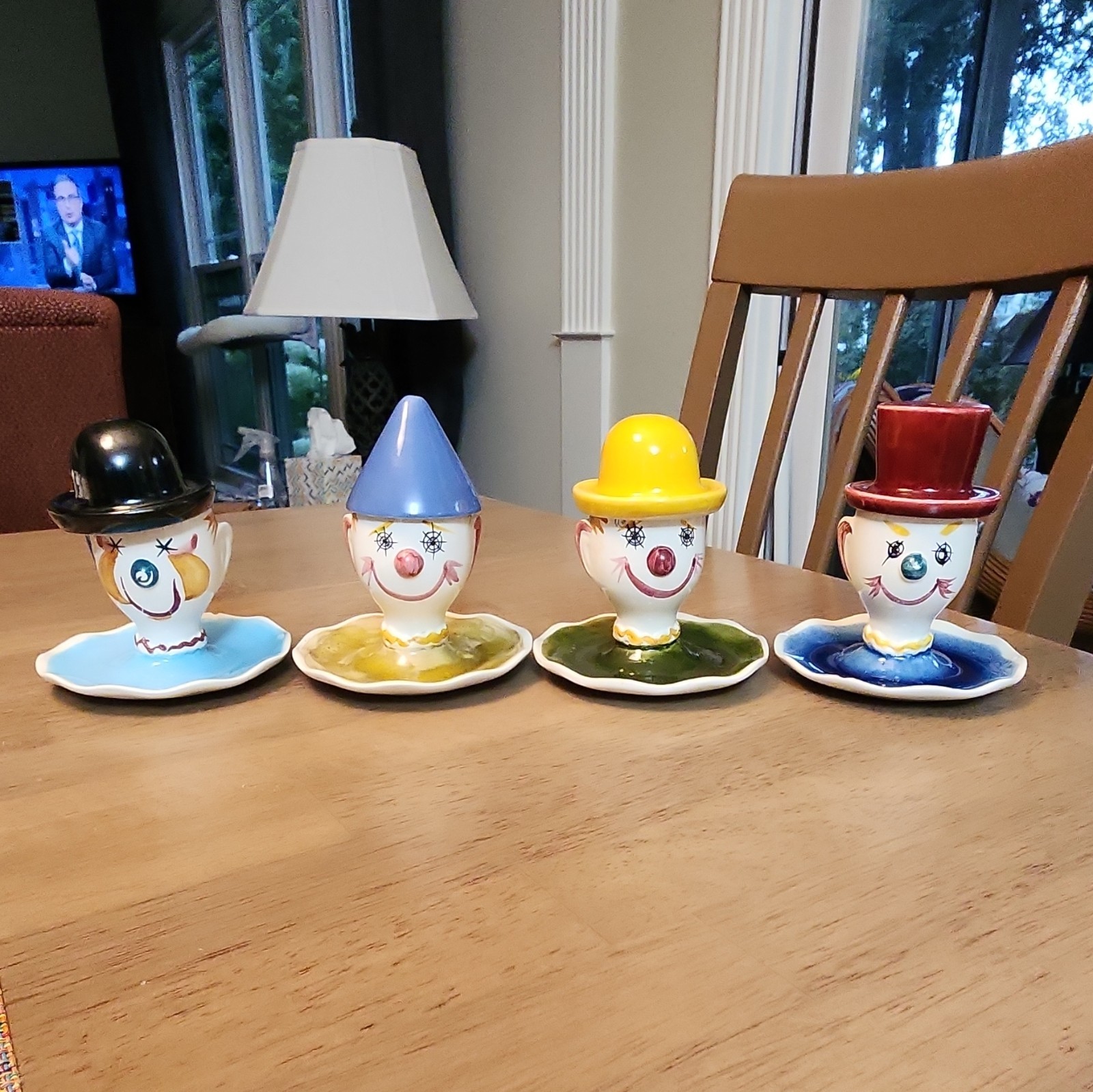 Rare SECLA Portugal Clown Ceramic Painted Egg Cup Set of 4 w/ Saucers & Hats