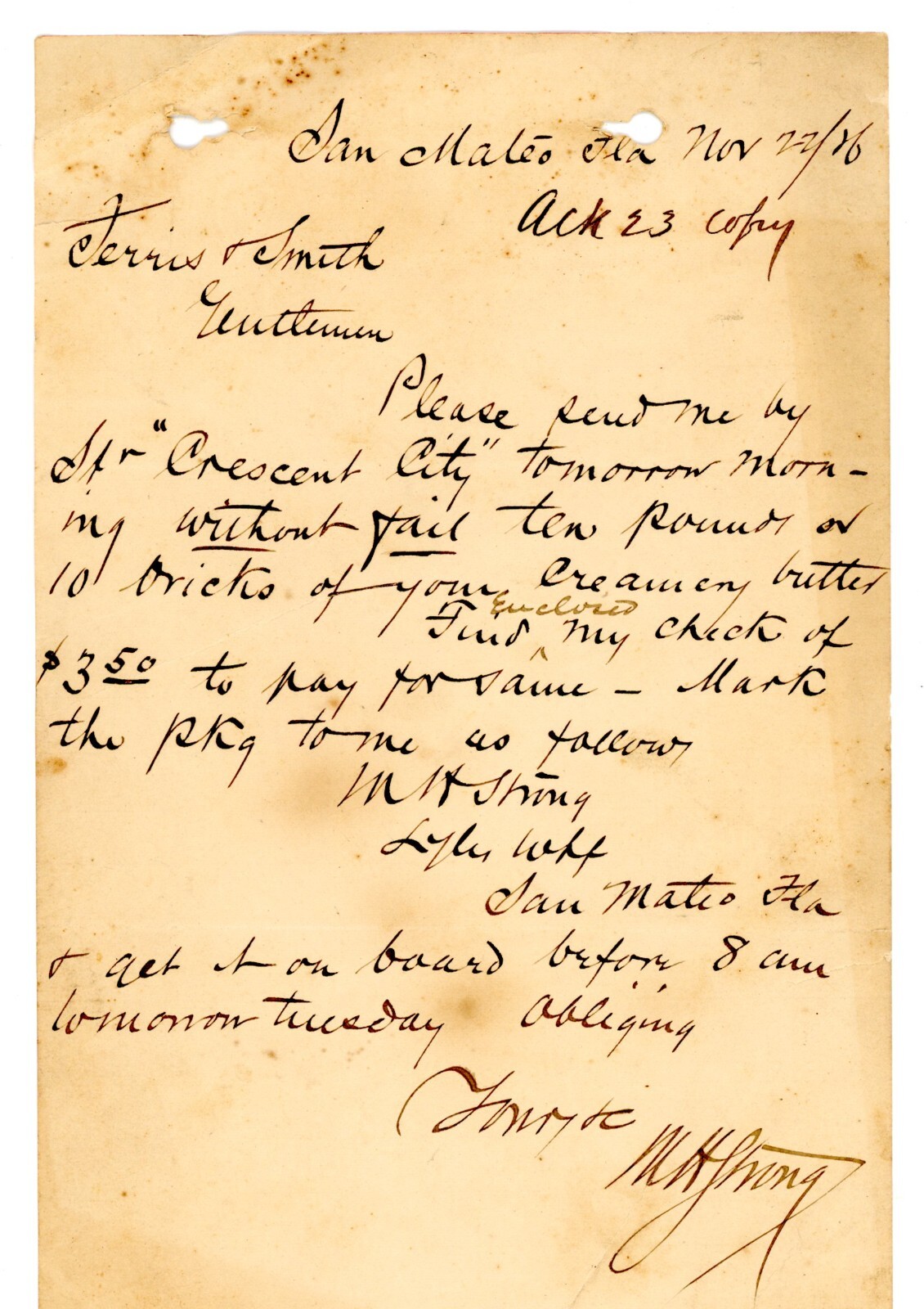 1886 Handwritten Letter from W.K. Strong to Ferris & Smith San Mateo Florida