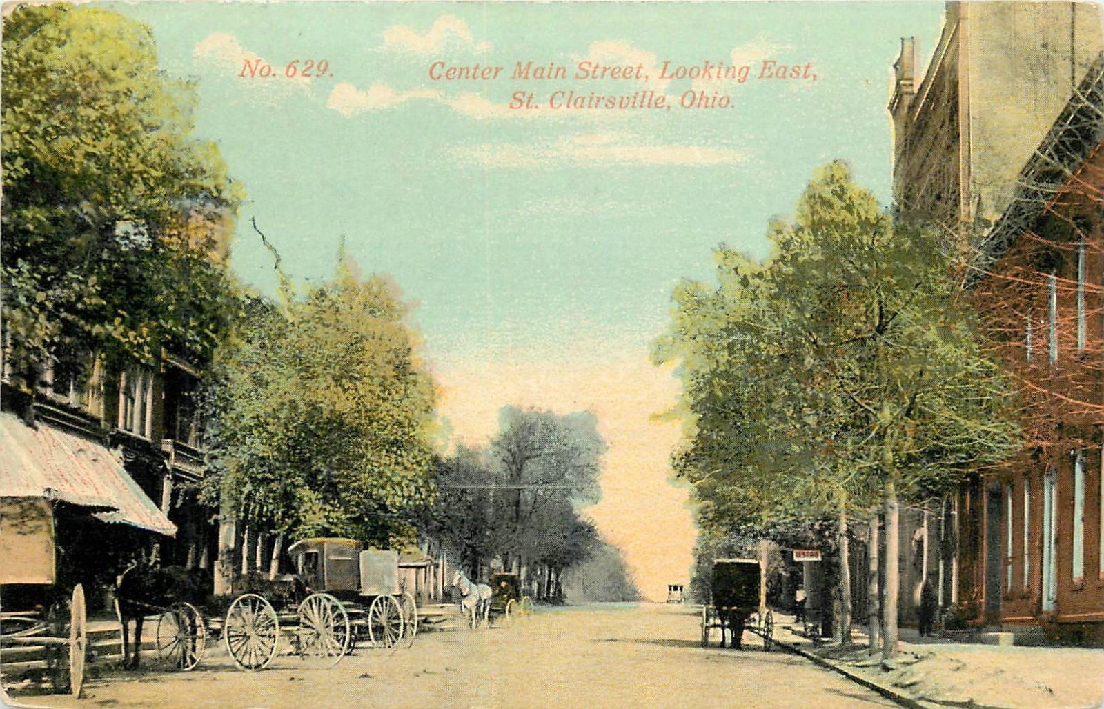 c1910 St. Clairsville Ohio Center Main Looking East Starkey Postcard 26-3946