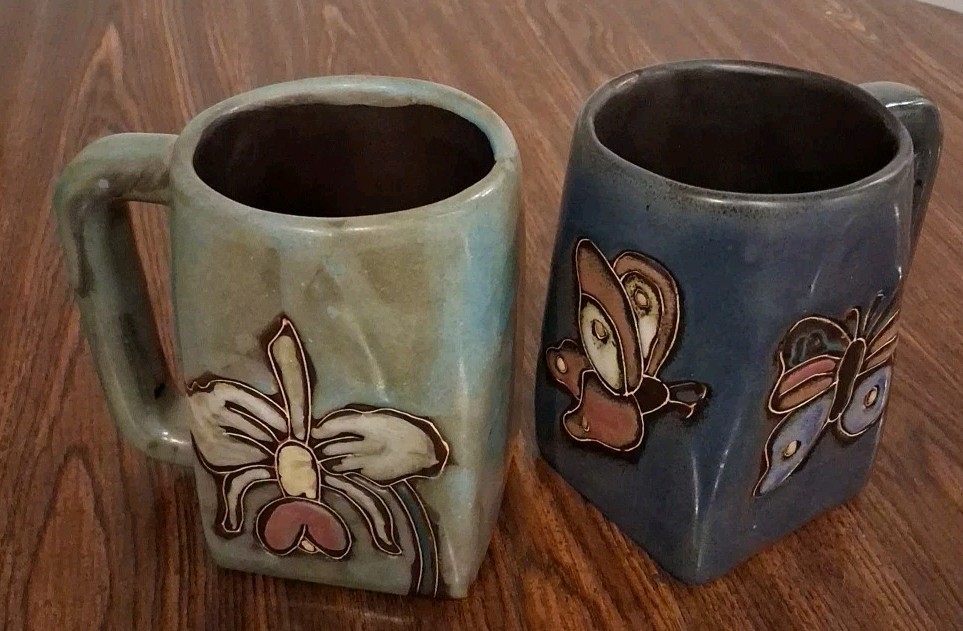Mara Stoneware 2 Coffee Mugs Butterfly, Floral 12 0z. Heavy Design Handmade EUC