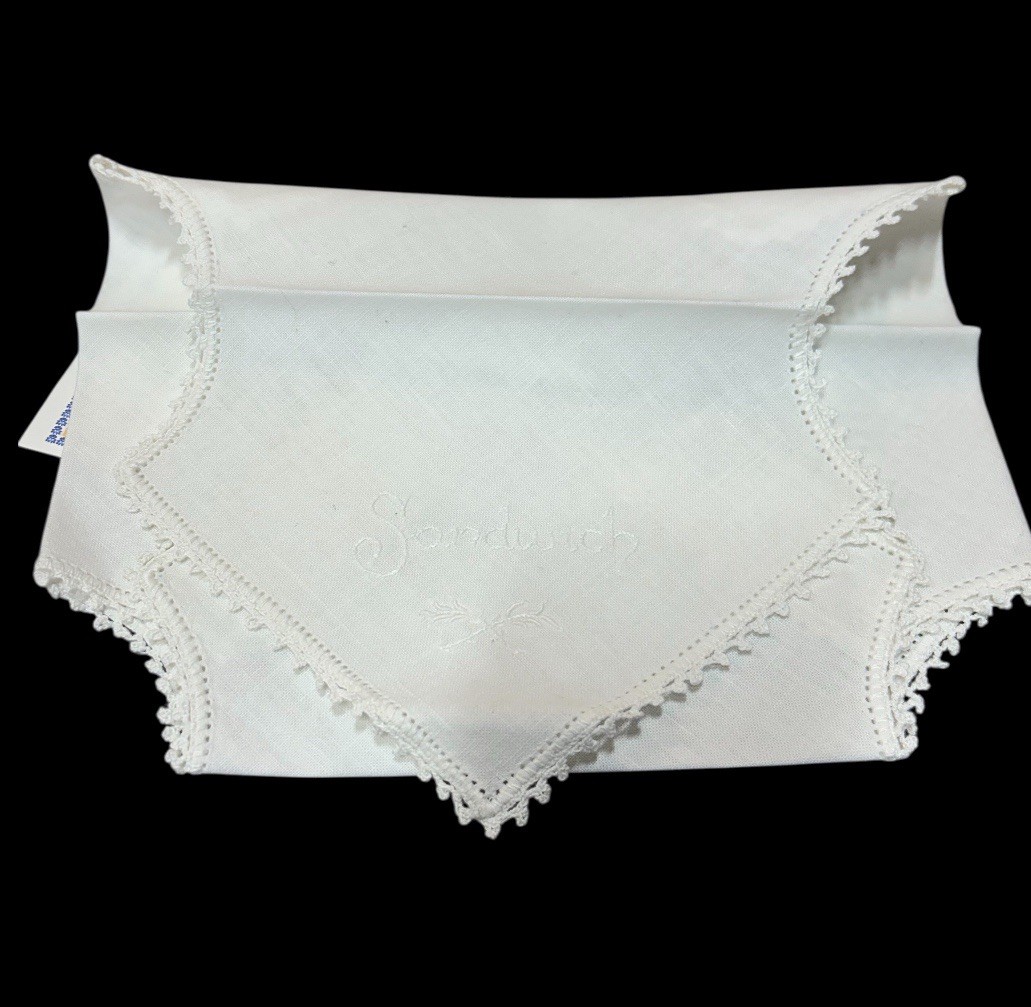Vintage white linen napkin Sandwich Cover with lace trim \ Vintage white linen napkin Sandwich Cover with lace trim \